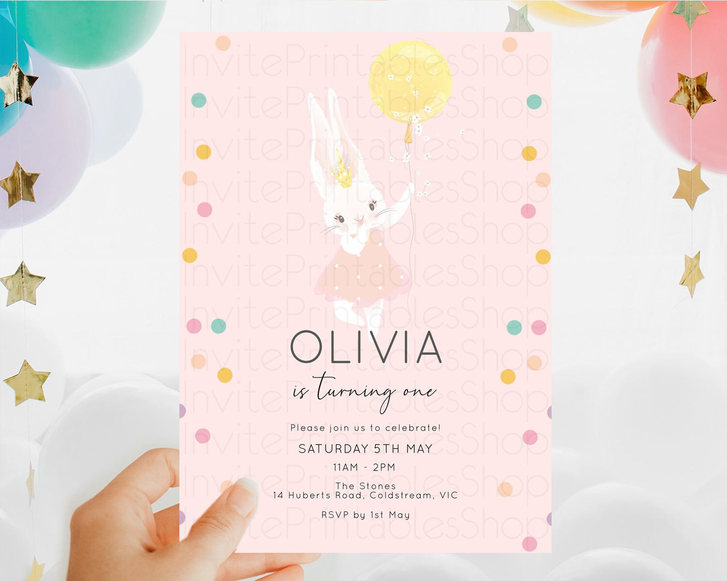 Bunny Birthday Invitation Pastel Bunny Invitation Bunny Balloon Invites Pastel Confetti Balloon Bunny Invites 2nd 1st First Birthday D10219