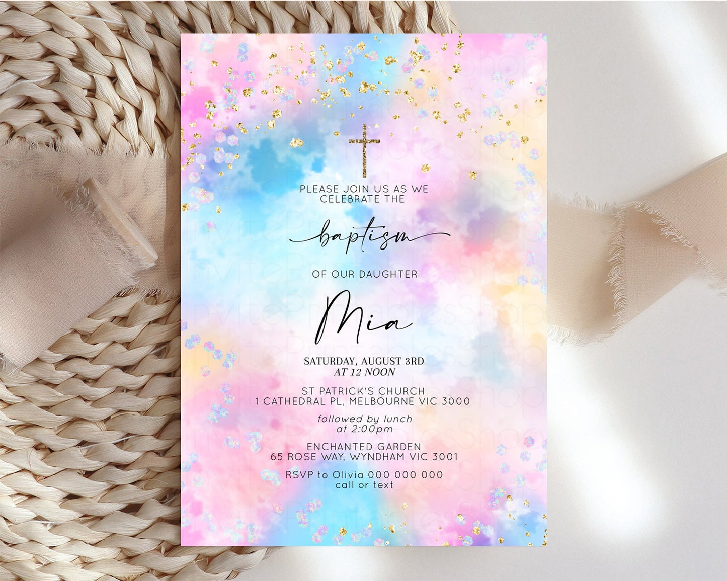 Pastel Rainbow Baptism Invitation Pastel Clouds Christening Invitation Luminous Iridescent Invite Glitter Confetti Sprinkle Gold Cross 589v4