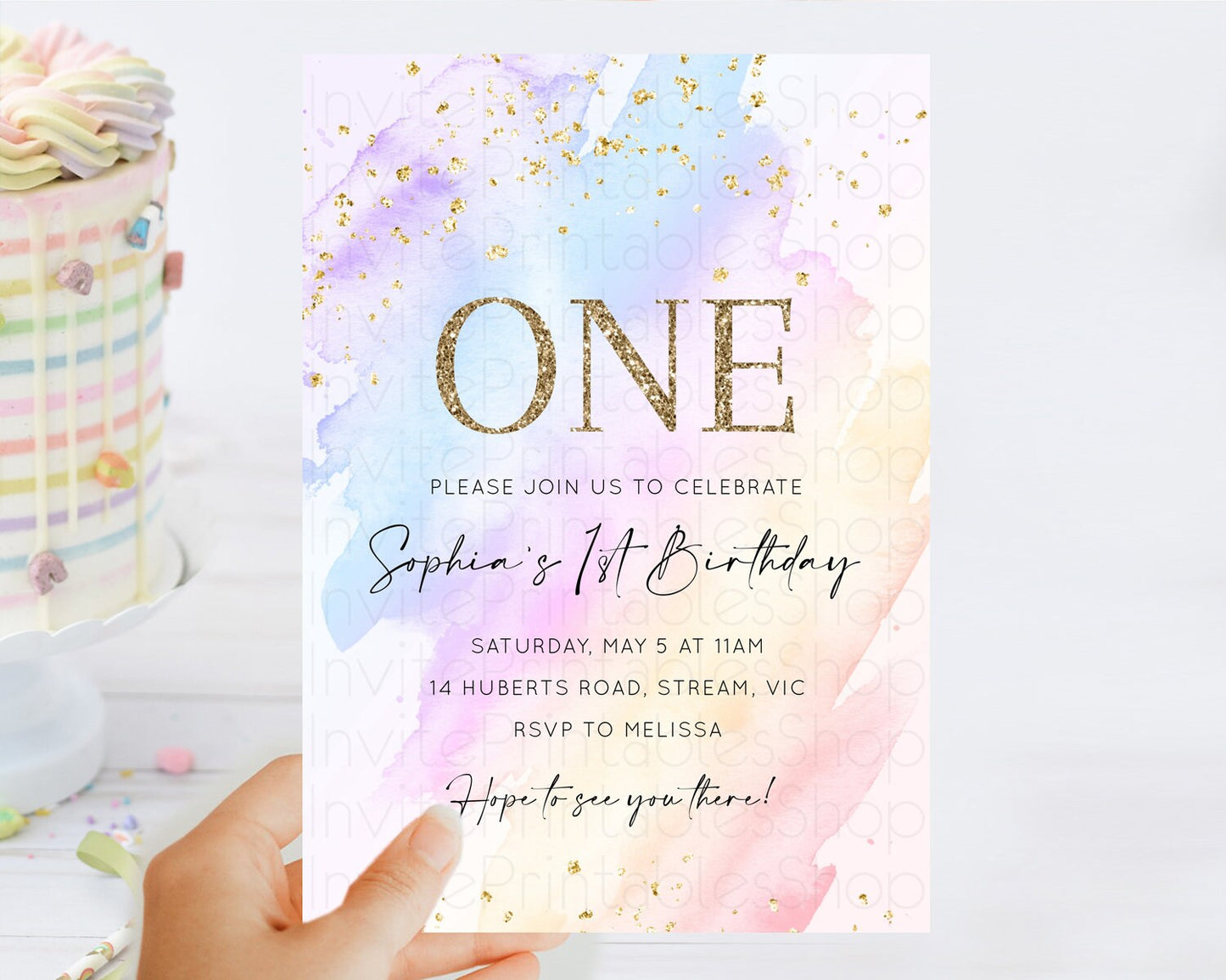 Rainbow Birthday Invitation Colorful Pastel Watercolor Invitation Gold Glitter Sprinkles Ombre Pastel 1st 2nd 3rd Birthday D10635