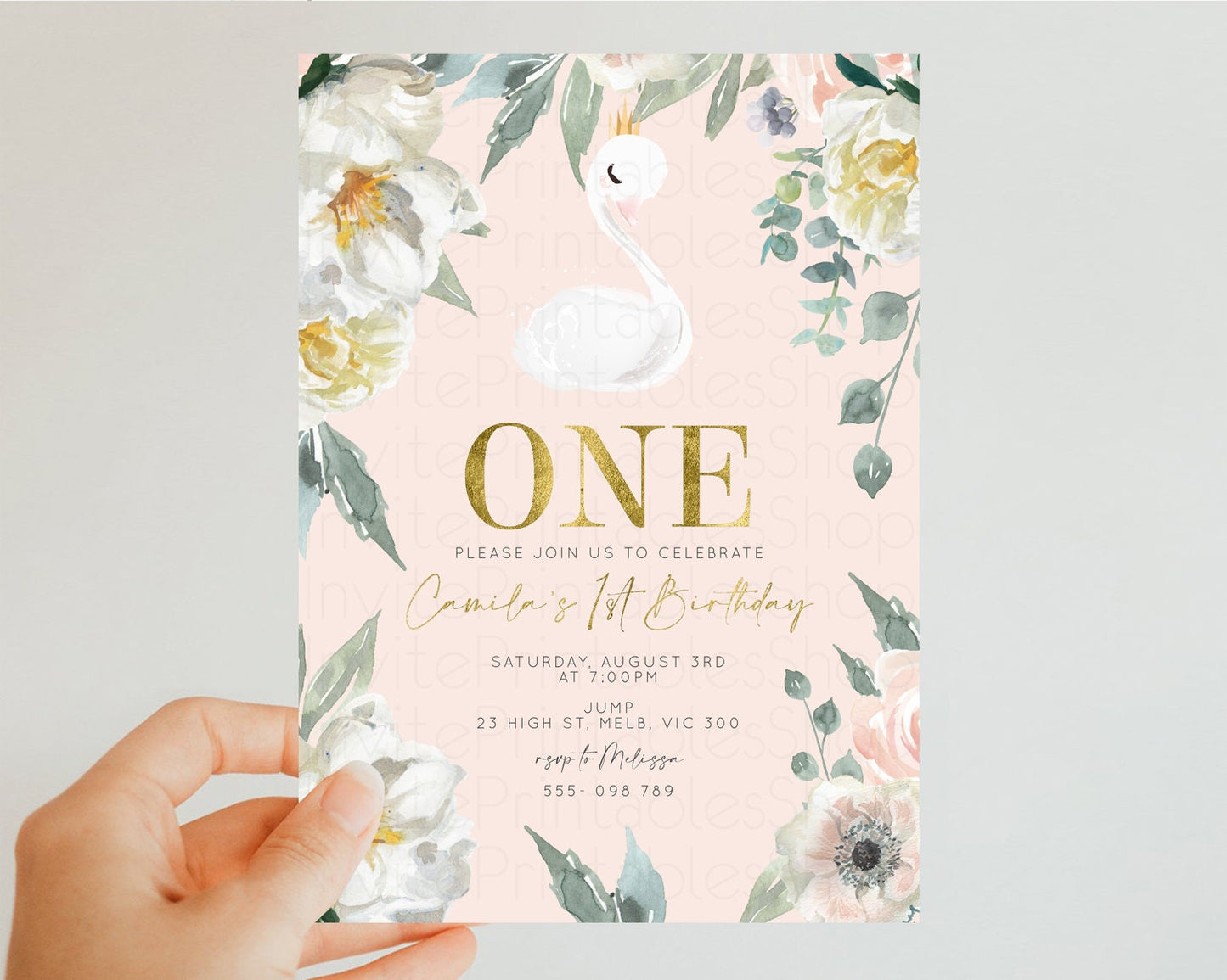 Swan Birthday Invitation White Floral Birthday Invitation Swan Princess Invite Ballet Swan Princess Invite Enchanted Garden Invite s102