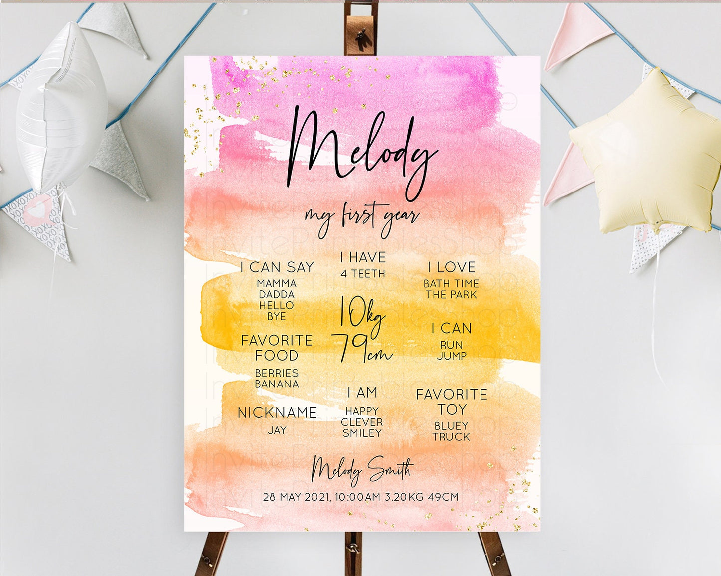 Pastel First Birthday Milestone Board Pastel Rainbow Milestone Poster Colorful Confetti Watercolor Glitter 1st Birthday Welcome Sign D10520