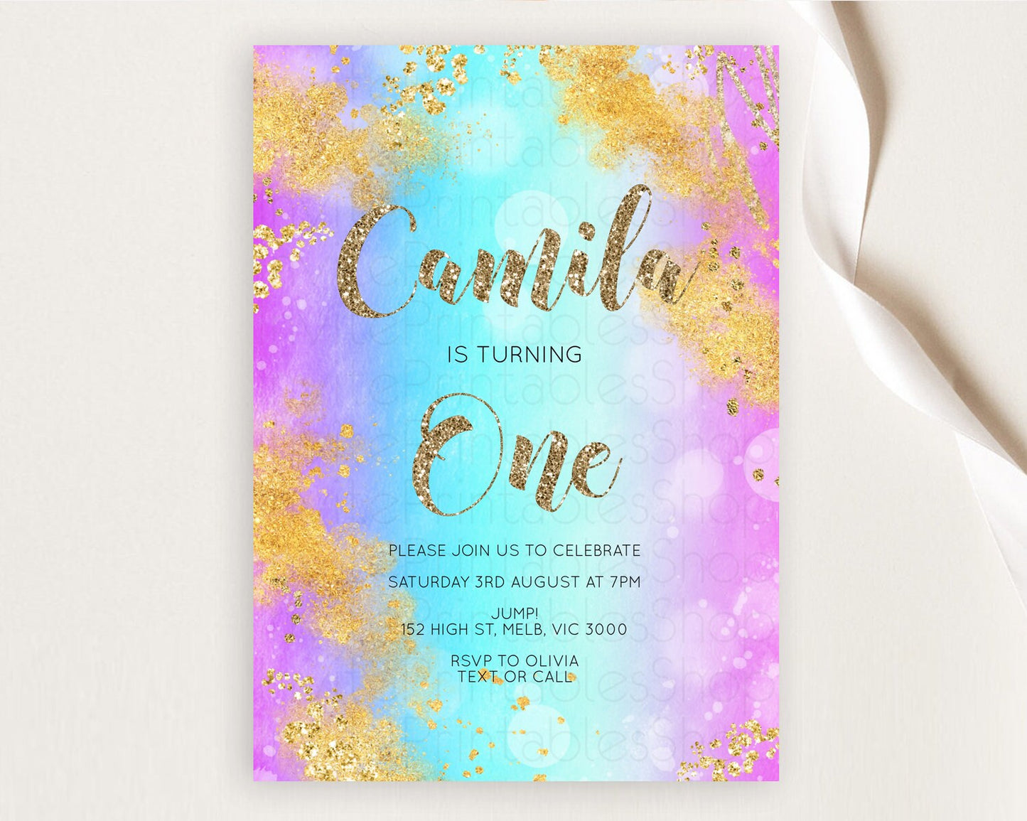 Rainbow Birthday Invitation Colorful Pastel Watercolor Invitation Gold Glitter Sprinkles Ombre Pastel 1st 2nd 3rd Birthday D10564