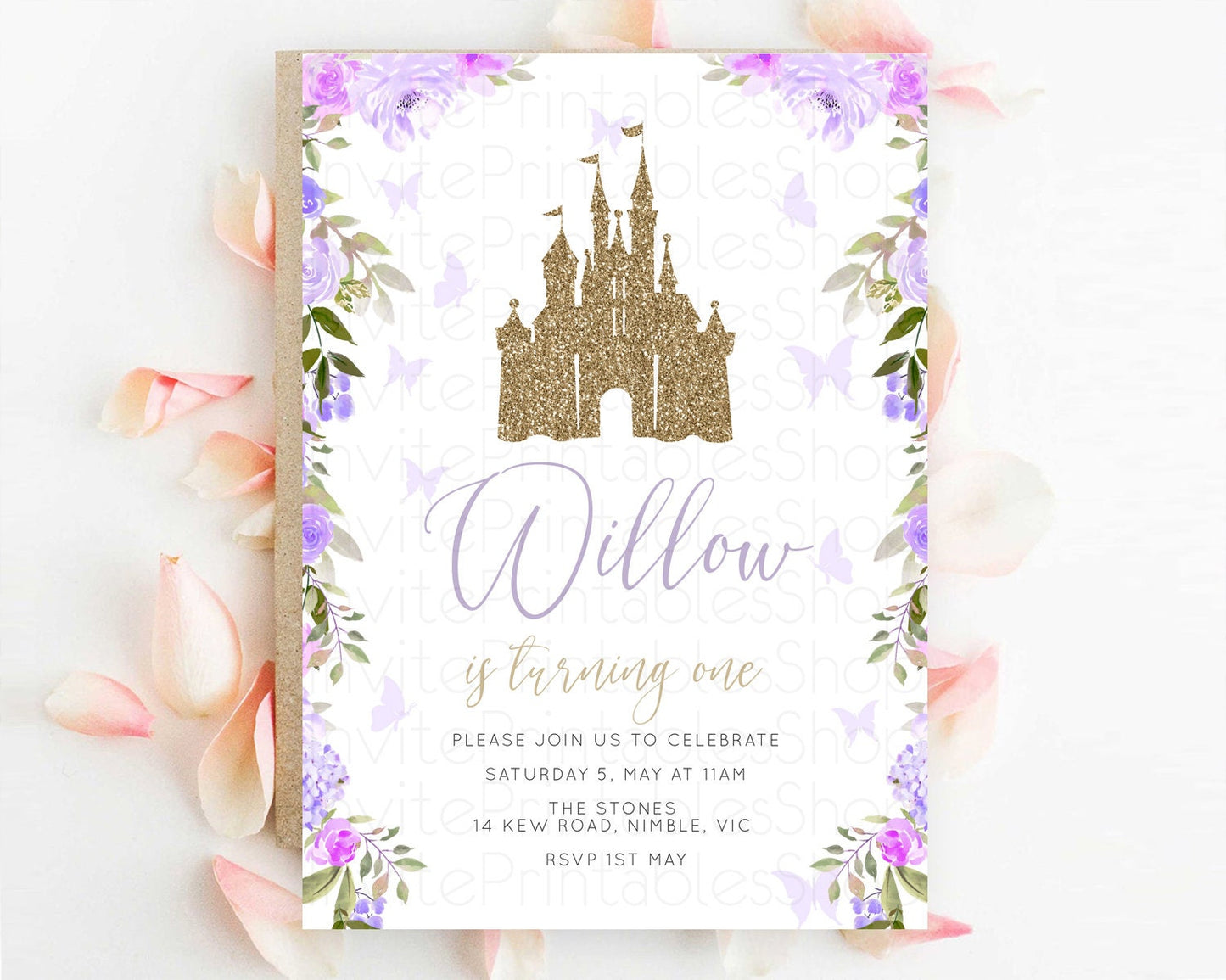 Princess Birthday Invitation Castle Invitation Royal Birthday Fairy Tale Enchanted Castle Pastel Floral Garden 1st First Birthday D10933