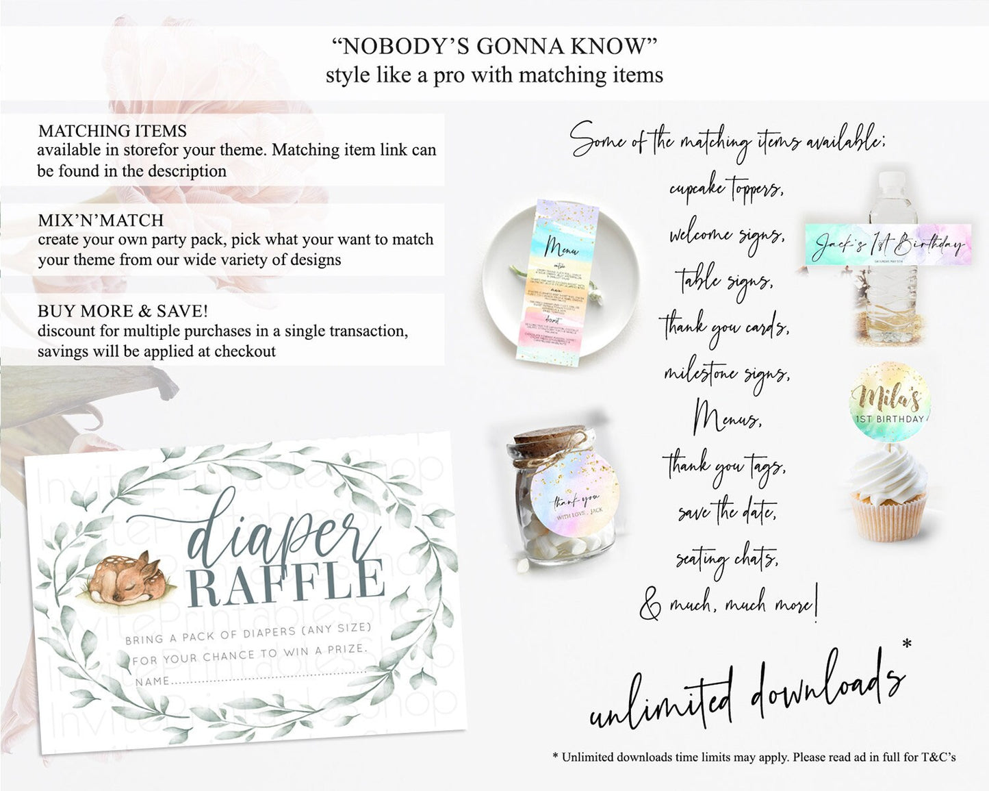 Fawn Diaper Raffle Card Deer Diaper Insert Floral Deer Diaper Ticket Enchanted Forest Butterfly Pastel Baby Shower Raffle Game D10935