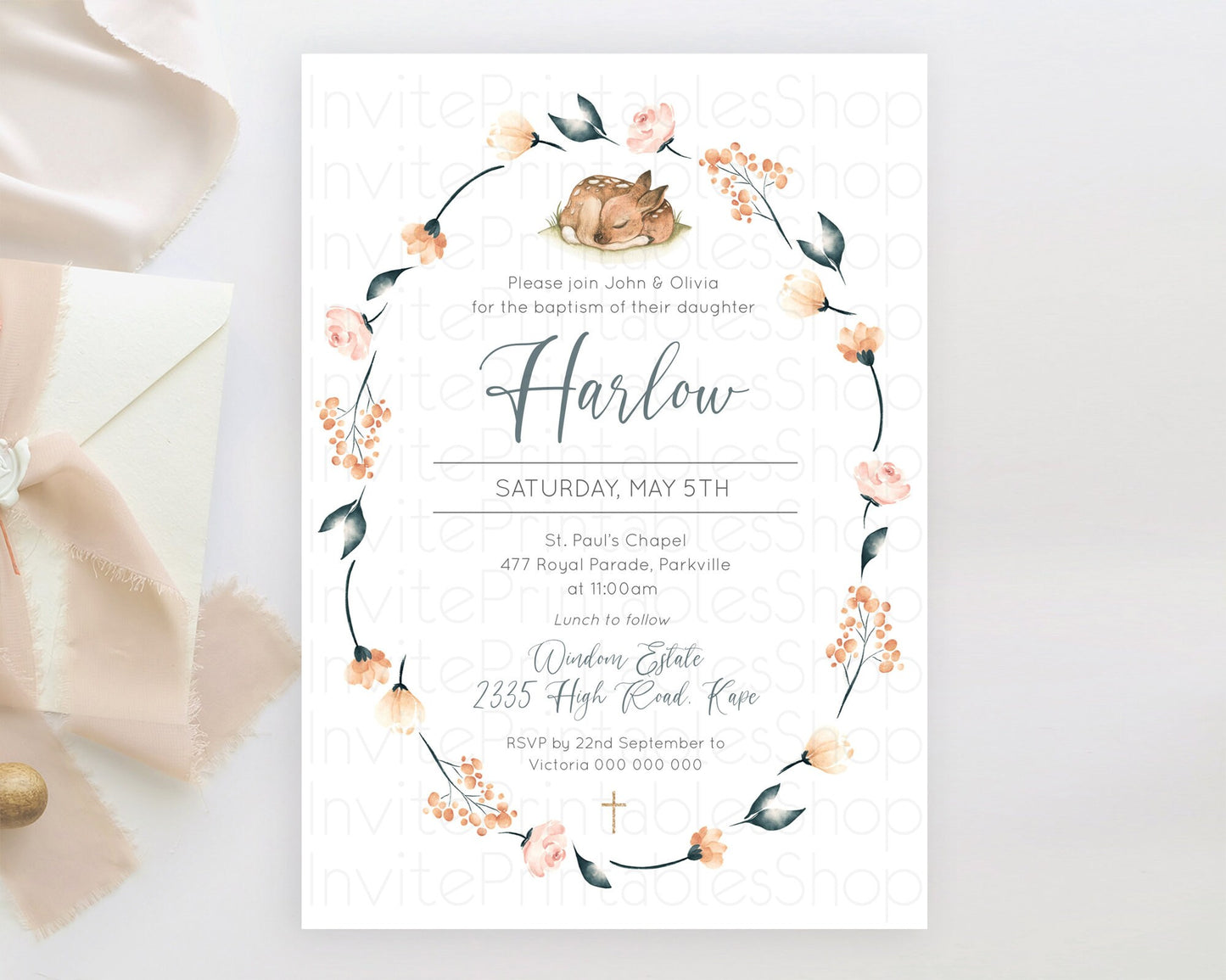 Fawn Baptism Invitation Deer Baptism 1st Birthday Invitation Enchanted Forest Christening Invitation Pastel Garden Butterfly Floral D10790