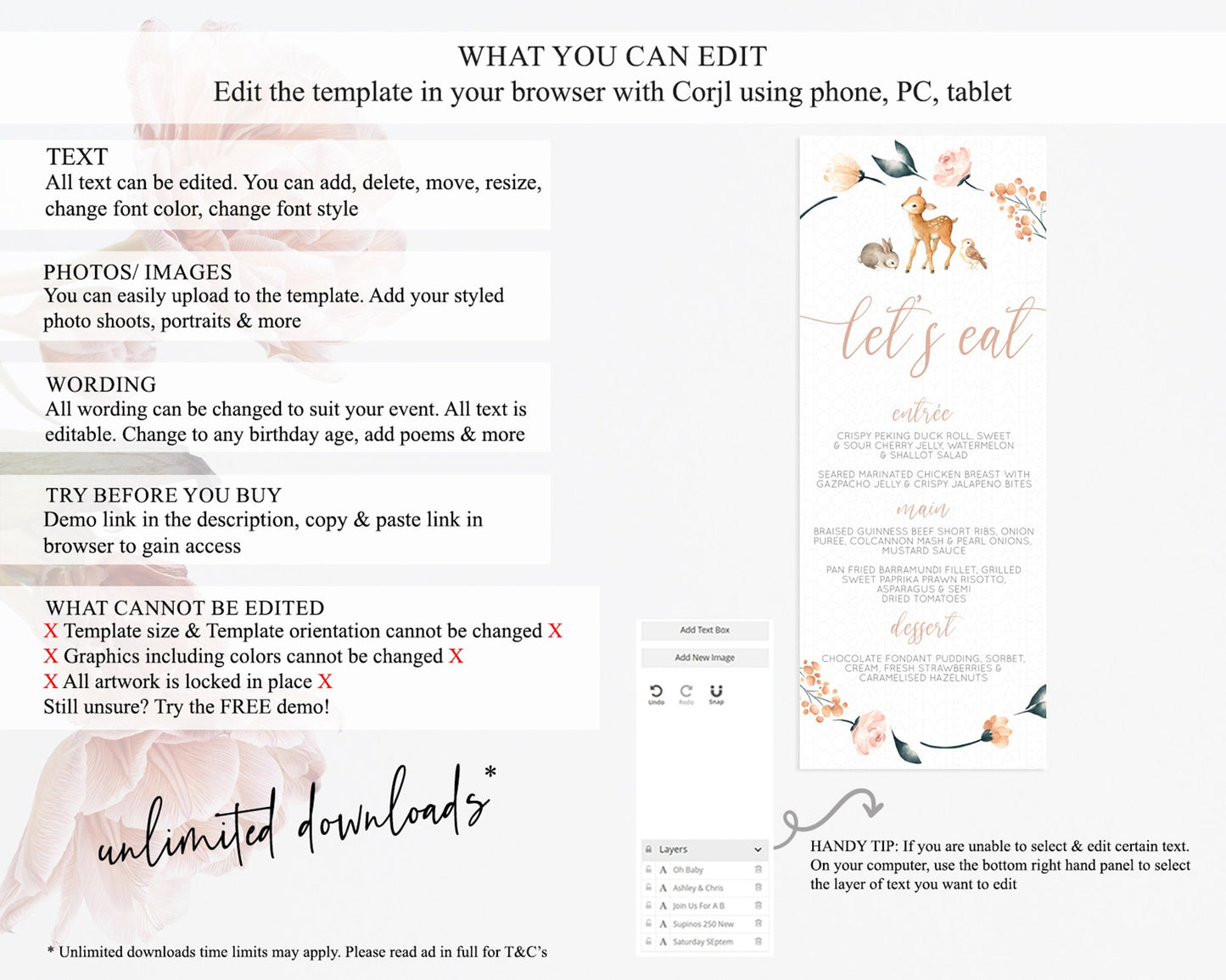 Fawn Menu Deer Menu Template Pastel Floral Deer Table Decor Enchanted Forest Butterfly Floral Dinner Dessert Menu Party Food Menu D10241