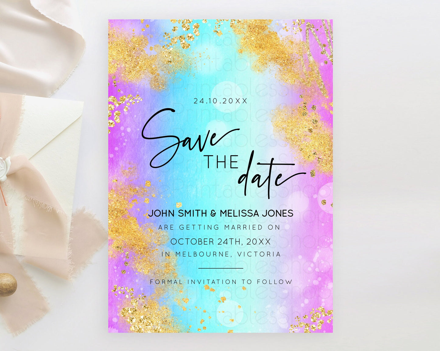 Pastel Save The Date Template Pastel Ombre Rainbow Watercolor Colorful Party For Birthday Baptism Baby Shower Wedding Bridal Shower D10564