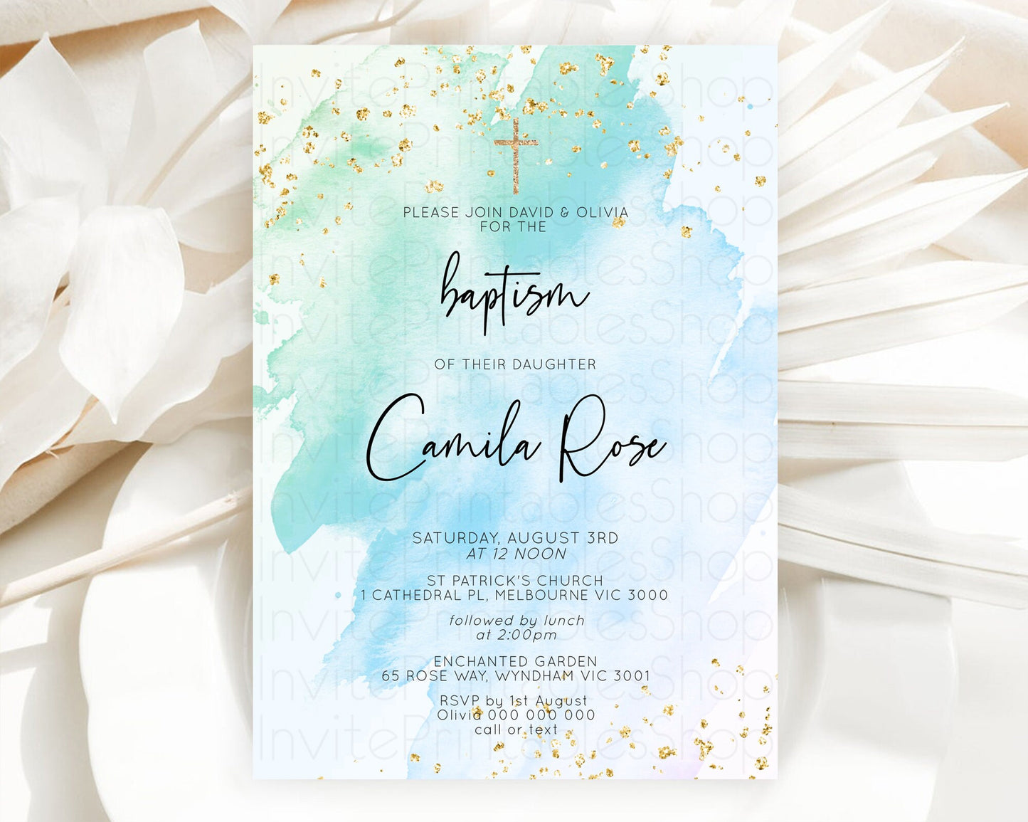 Blue Baptism Invitation Blue Watercolor Baptism 1st Birthday Invitation Pastel Blue Watercolor Christening Invite Blue Splash D10168