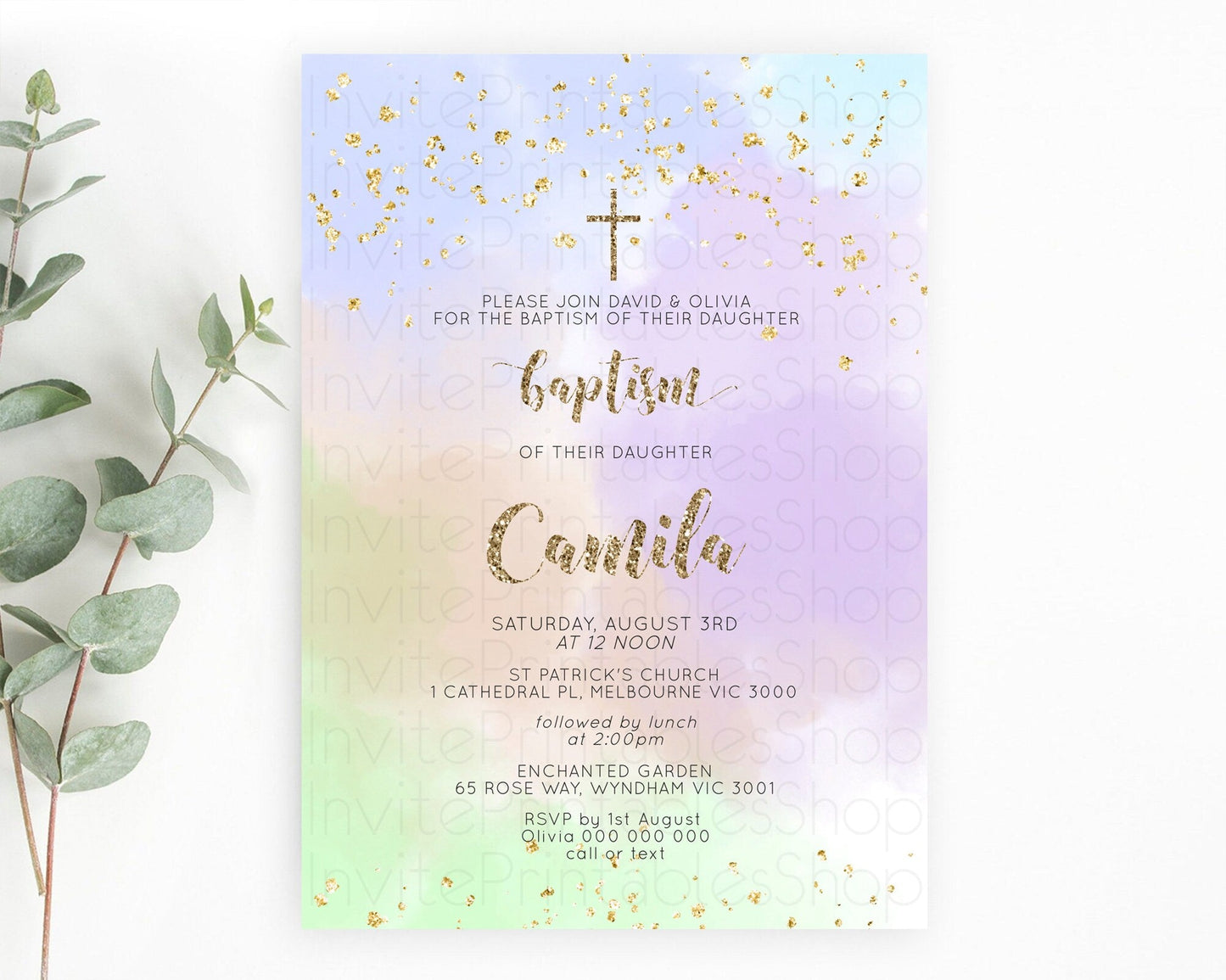 Pastel Baptism Invitation Pastel Colors Watercolor Baptism 1st Birthday Party Gold Ombre Pastel Rainbow Christening Holy Communion D10372
