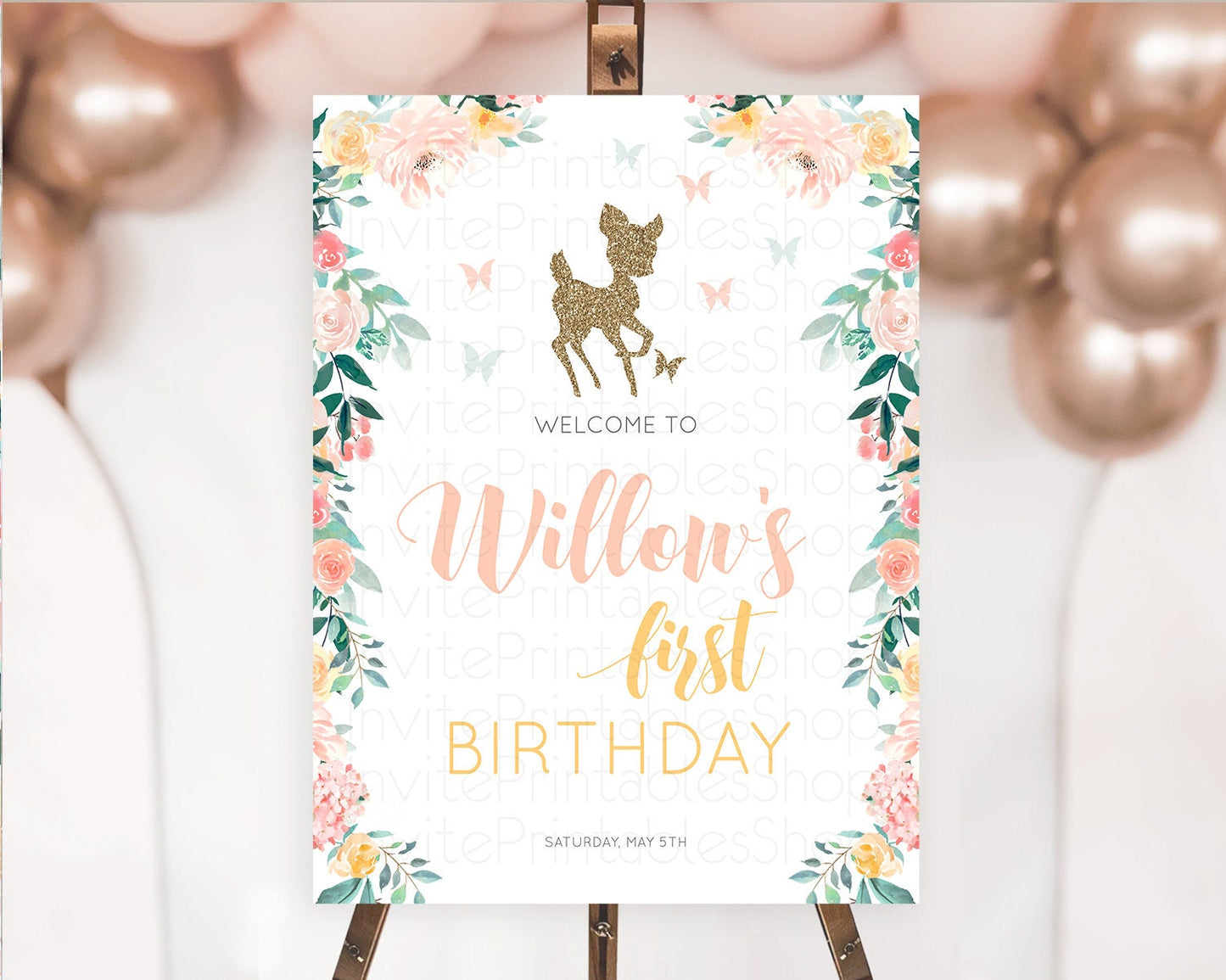 Fawn Welcome Sign Deer Welcome Board Floral Deer Welcome Poster Enchanted Forest Butterfly Pastel Floral First Birthday Welcome Sign D10874