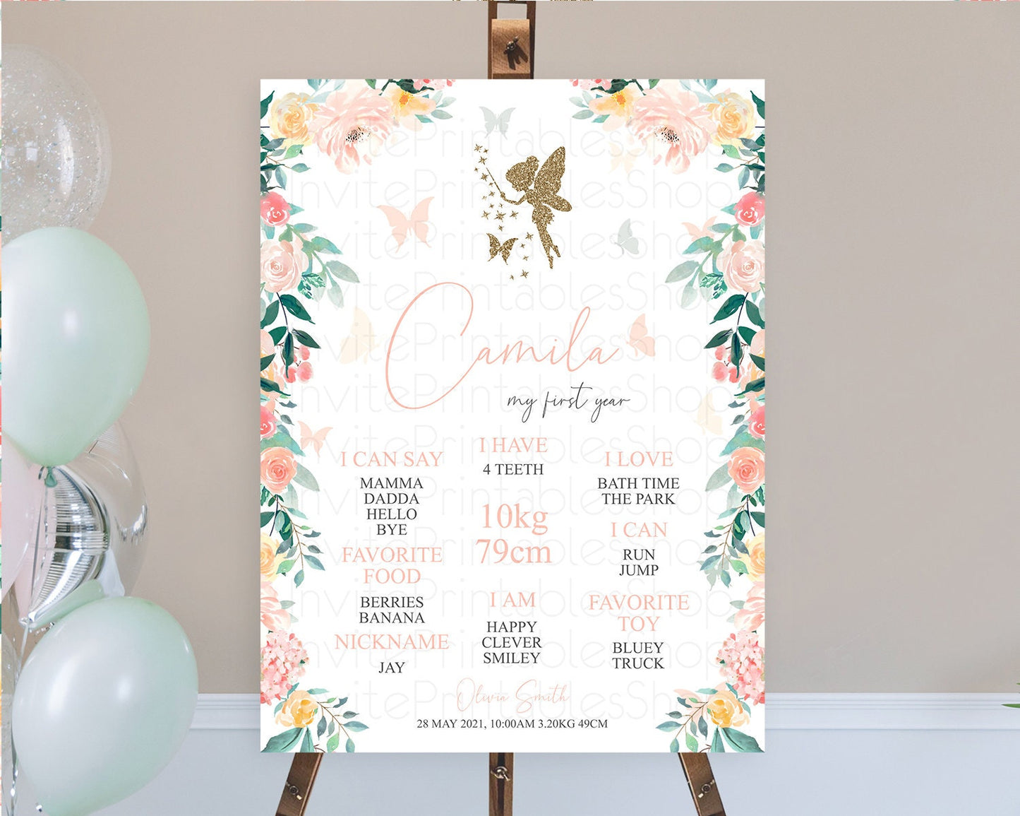 Fairy First Birthday Milestone Poster Fairy Secret Garden Milestone Board Enchanted Garden Pastel Floral Butterfly 1st Birthday Sign D10789