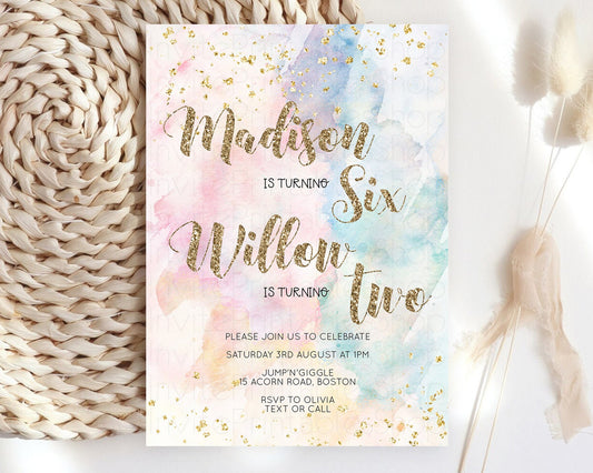 Rainbow Birthday Invitation Colorful Watercolor Gold Glitter Sprinkle Ombre Pastel Invitation Joint Birthday 1st 2nd 3rd Editable Invite 276