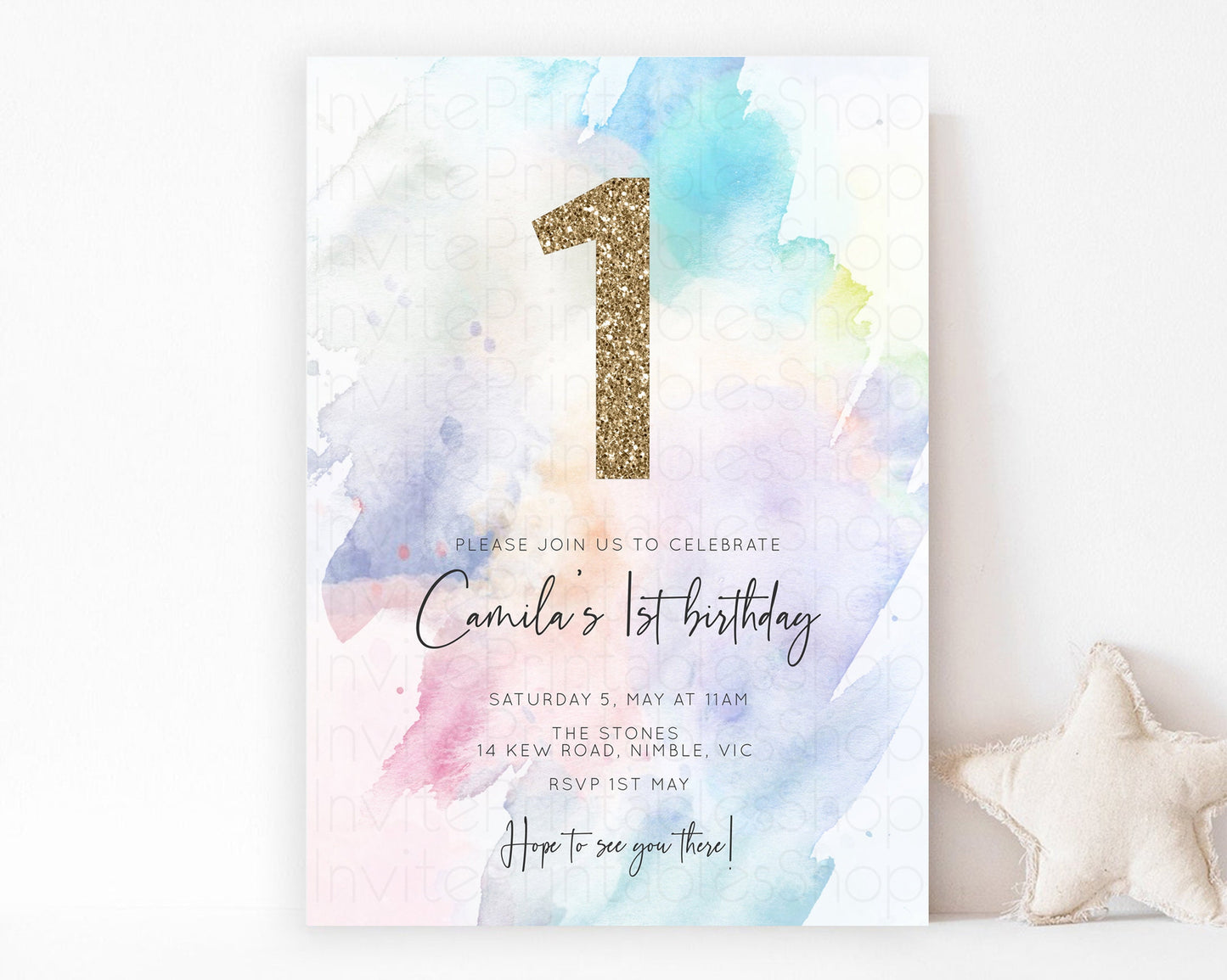 Rainbow Birthday Invitation Pastel Birthday Invite Ombre Watercolor Invite Enchanted Theme Colorful Splash Glitter Sprinkles 1st 2nd 3rd