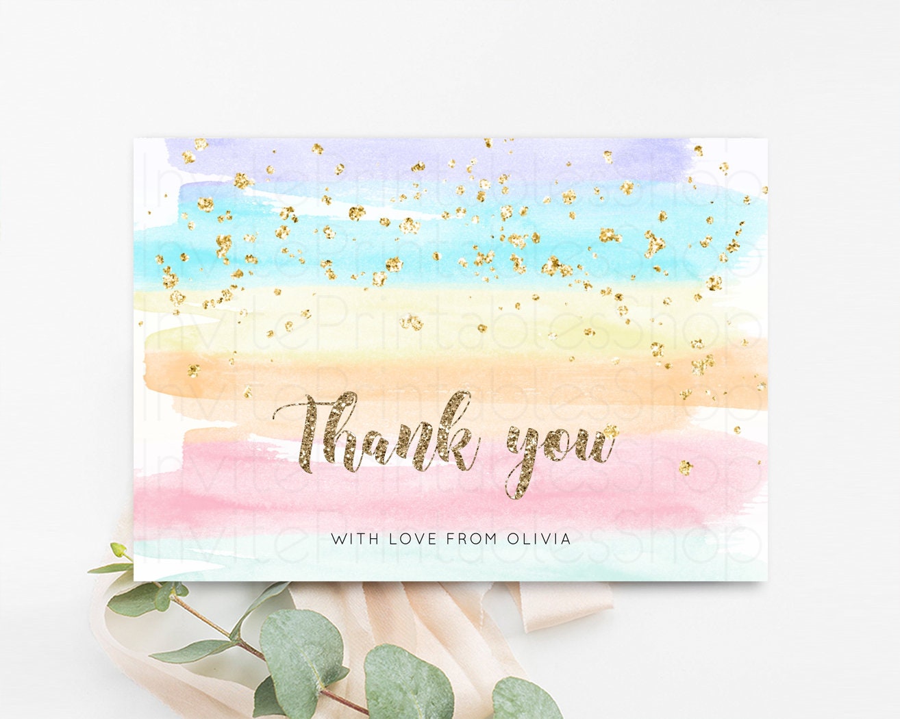 Pastel Rainbow Thank you Colorful Watercolor Folded Gift Cards Custom Note Message Glitter Birthday Engaged Baby Shower Wedding Guests 525