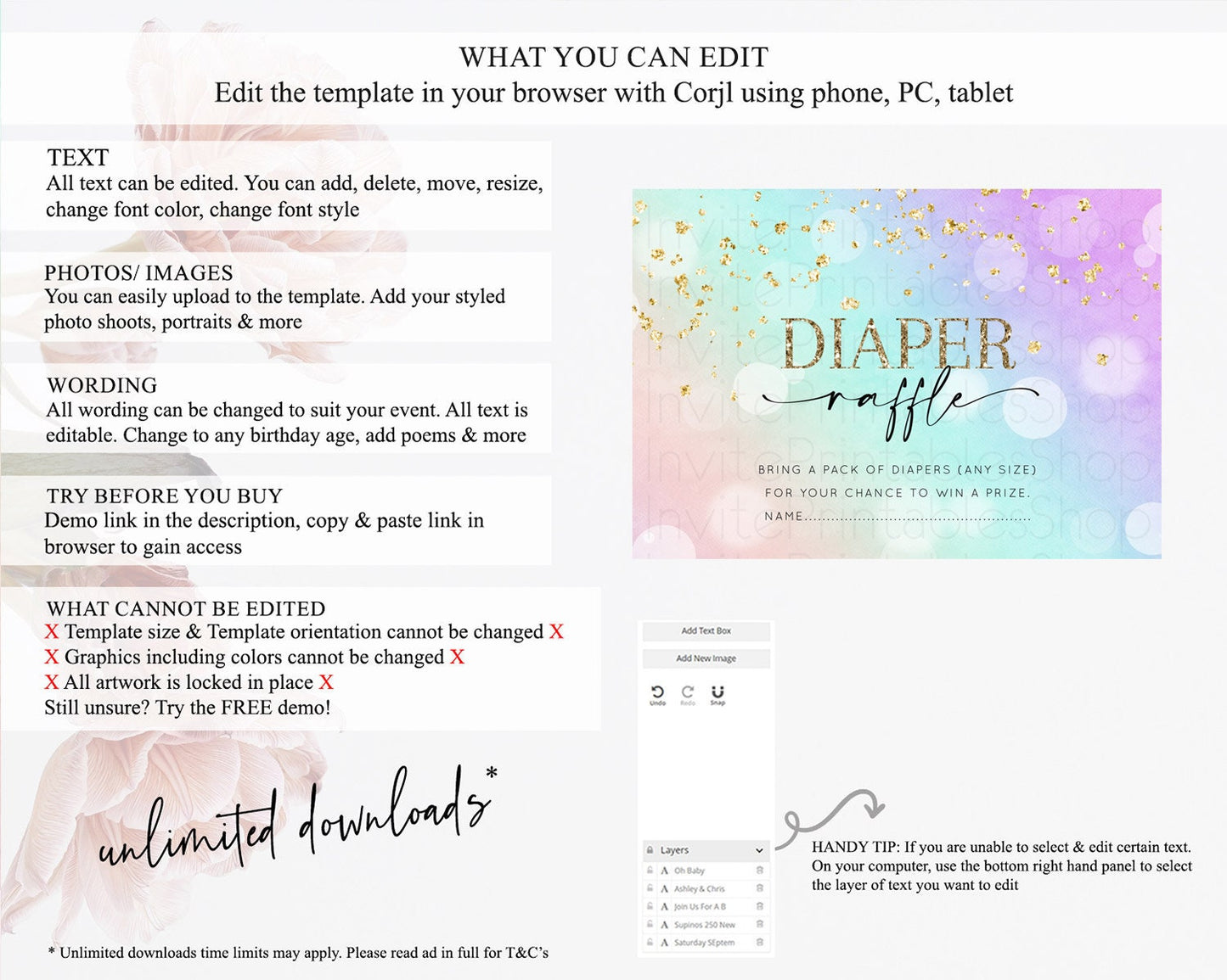 Pastel Diaper Raffle Card Pastel Rainbow Diaper Raffle Insert Colorful Ombre Watercolor Diaper Ticket Confetti Glitter Raffle Game D10618