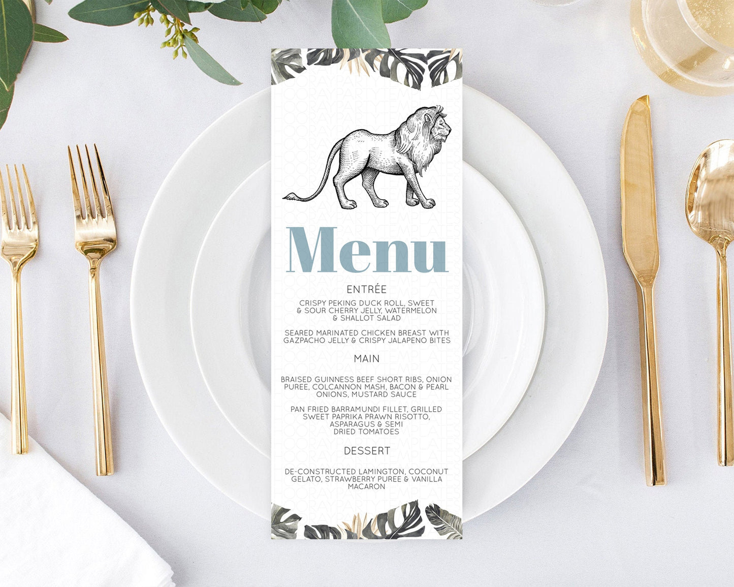 Lion Menu Lion Menu Template Lion Party Table Decor Safari Adventure Lion Menu Dried Palm Fern Lion Dinner Dessert Party Food Menu D10807