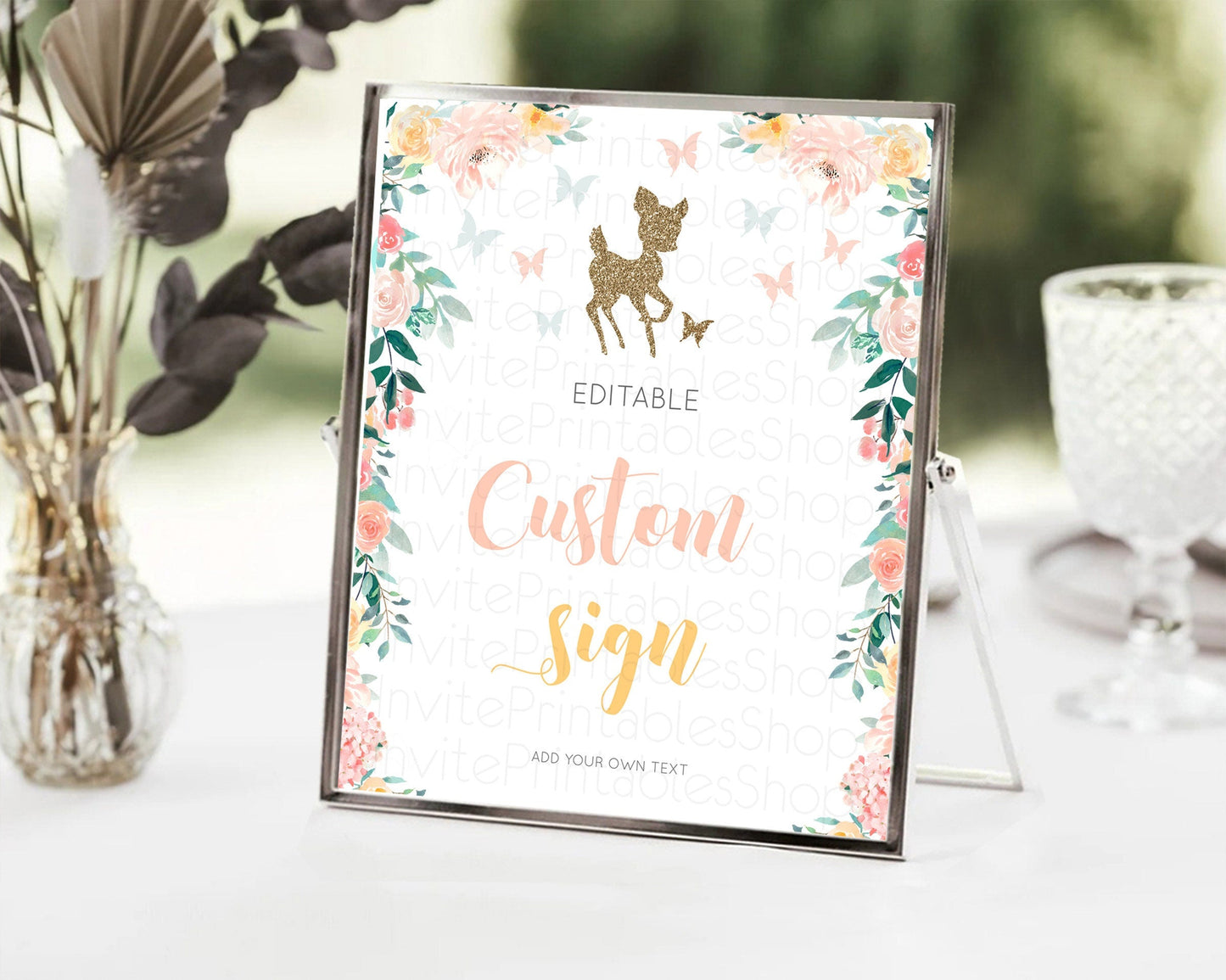 Fawn Deer Sign Pastel Floral Deer Table Sign Decor Enchanted Forest Butterfly Party 1st Birthday Baptism Baby Shower Bridal Shower D10874