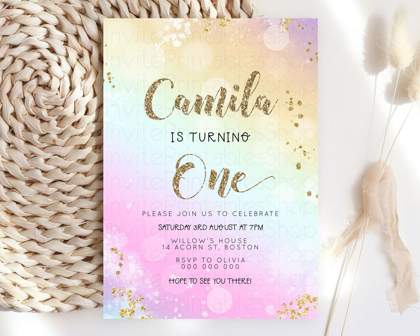 Rainbow Birthday Invitation Colorful Pastel Watercolor Invitation Gold Glitter Sprinkles Ombre Pastel 1st 2nd 3rd Birthday D23120