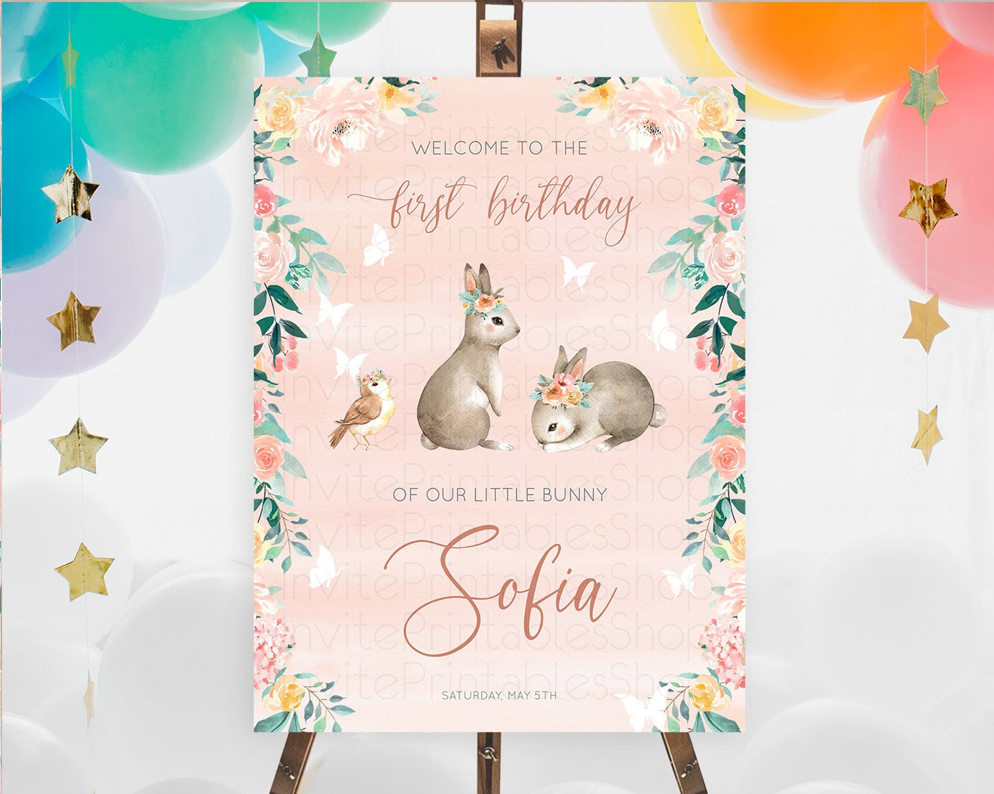 Bunny Welcome Sign Floral Bunny Welcome Board Pastel Flowers Woodland Bunny Welcome Poster Forest Bunny First Birthday Welcome Sign D10922