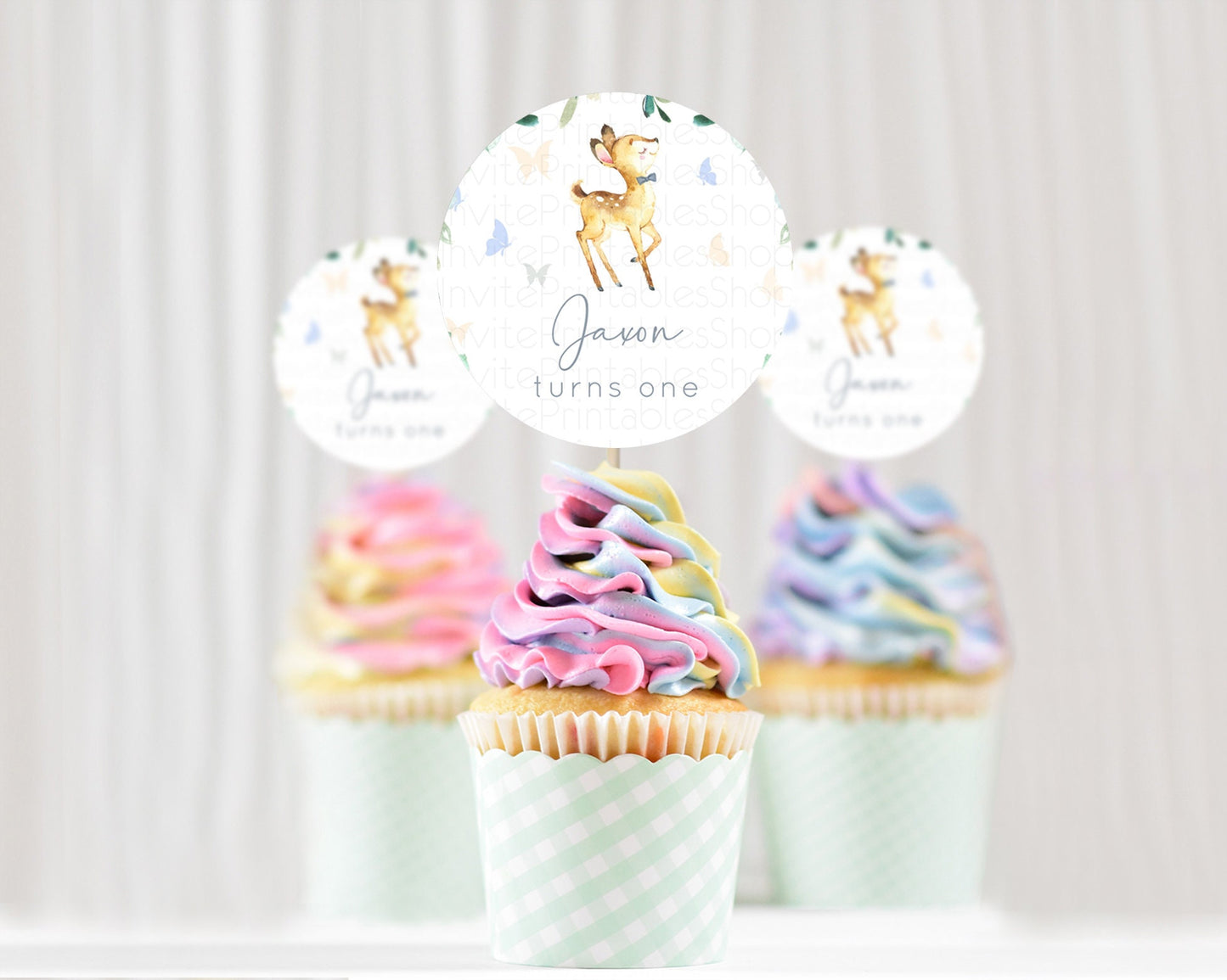 Fawn Cupcake Toppers Deer Cupcake Toppers Enchanted Forest Party Butterfly Pastel Flowers Woofland Cupcake Toppers First Birthday D10767