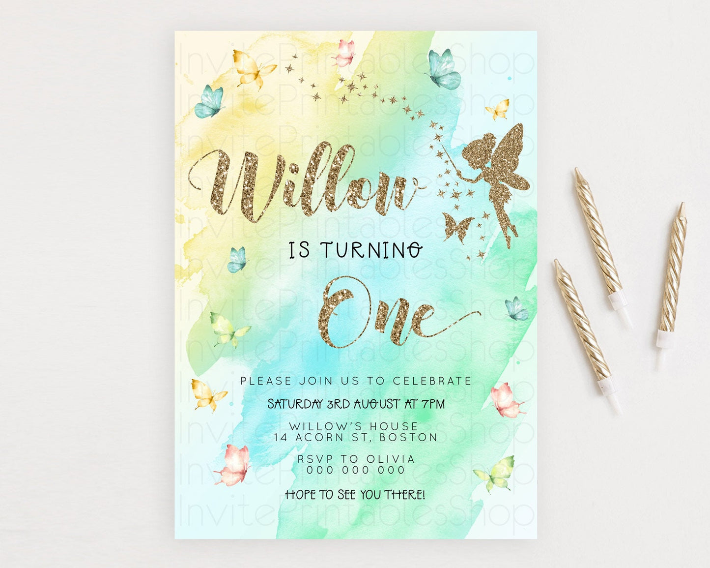 Pastel Fairy Birthday Invitation Pastel Butterflies Fairy Birthday Invitation Rainbow Ombre Watercolor 1st 2nd Birthday Invitation D23336