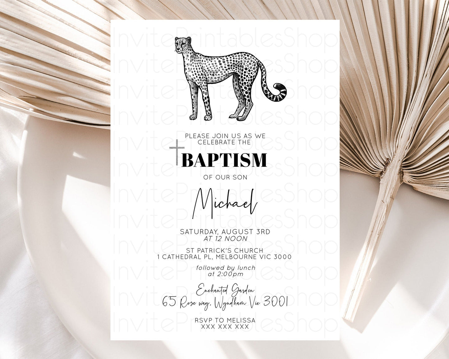 Cheetah Baptism Invitation Cheetah Baptism 1st Birthday Invitation Cheetah Safari Adventure Christening Party Palm Leaf Zoo Cheetah D10290
