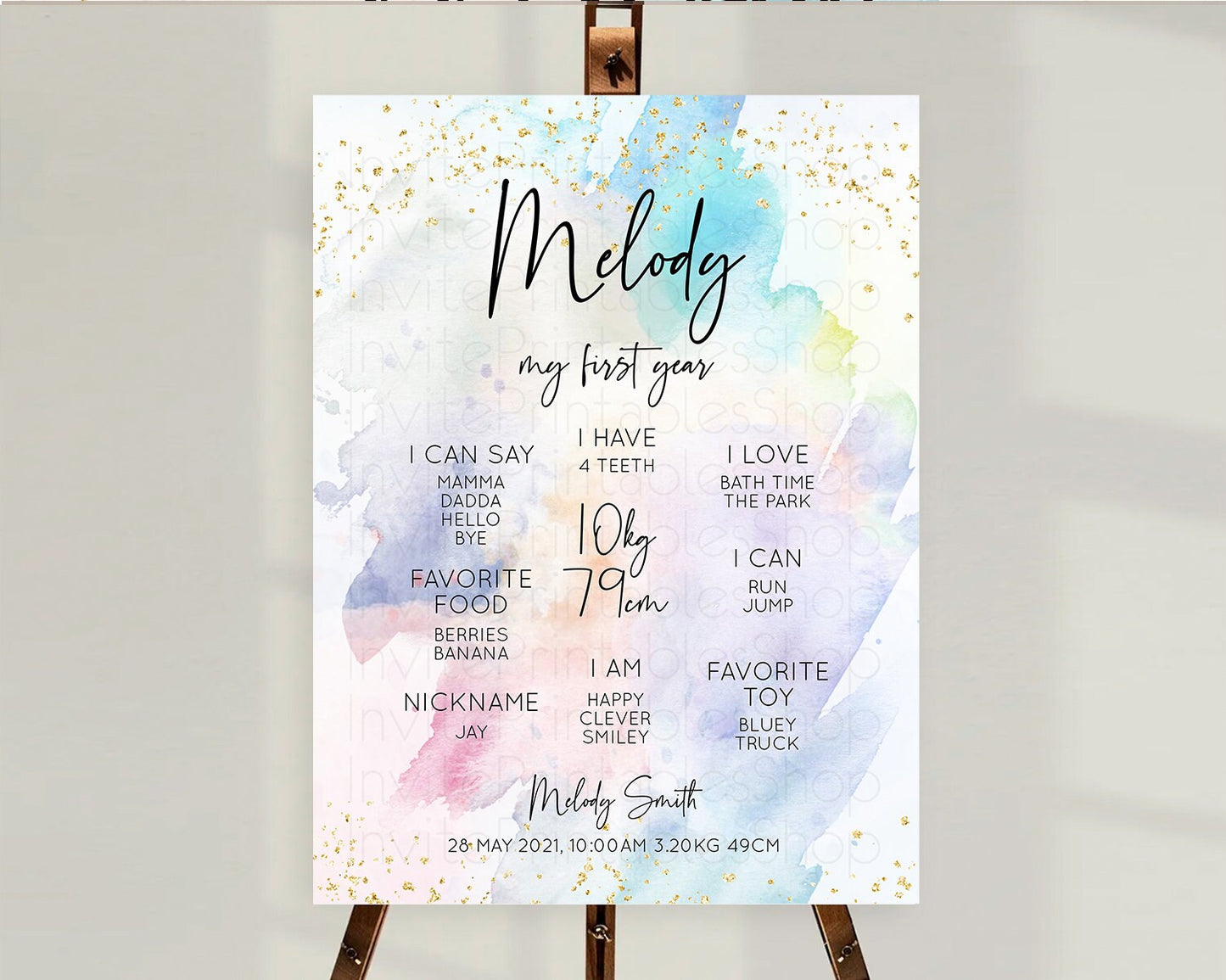Pastel First Birthday Milestone Board Pastel Rainbow Milestone Poster Colorful Confetti Watercolor Glitter 1st Birthday Welcome Sign D10424