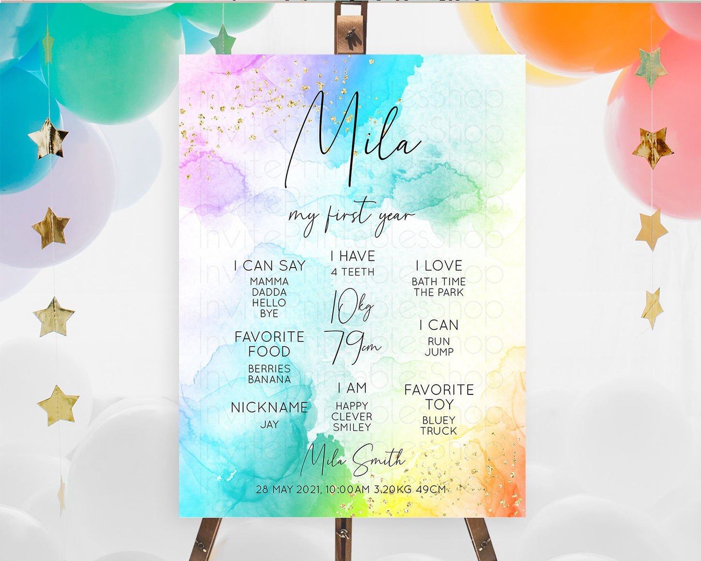 Pastel First Birthday Milestone Board Pastel Rainbow Milestone Poster Colorful Confetti Watercolor Glitter 1st Birthday Welcome Sign D10771