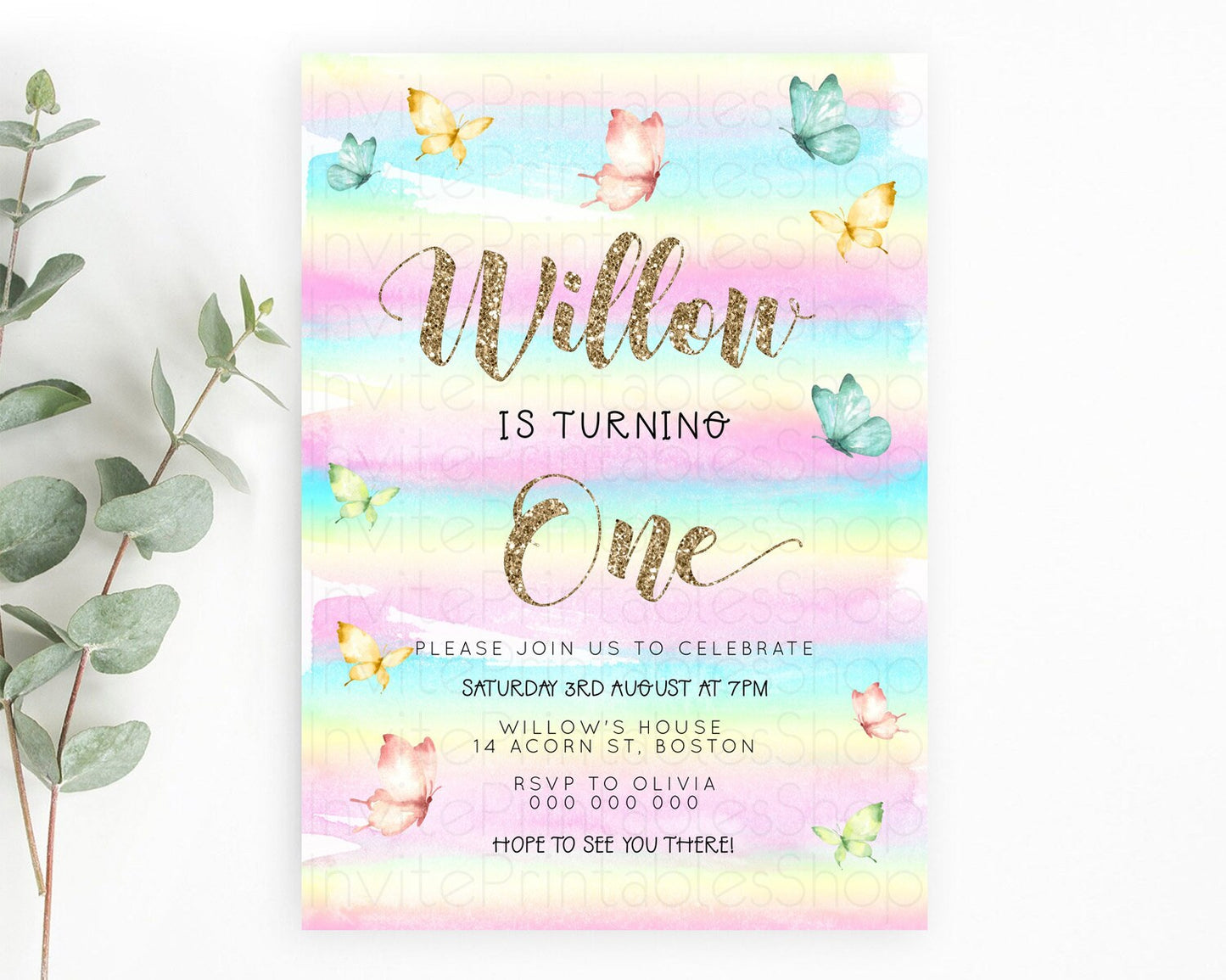 Pastel Butterfly Birthday Invitation Butterfly Birthday Invitation Colorful Splash Glitter Butterfly Garden 1st 2nd Birthday D23218