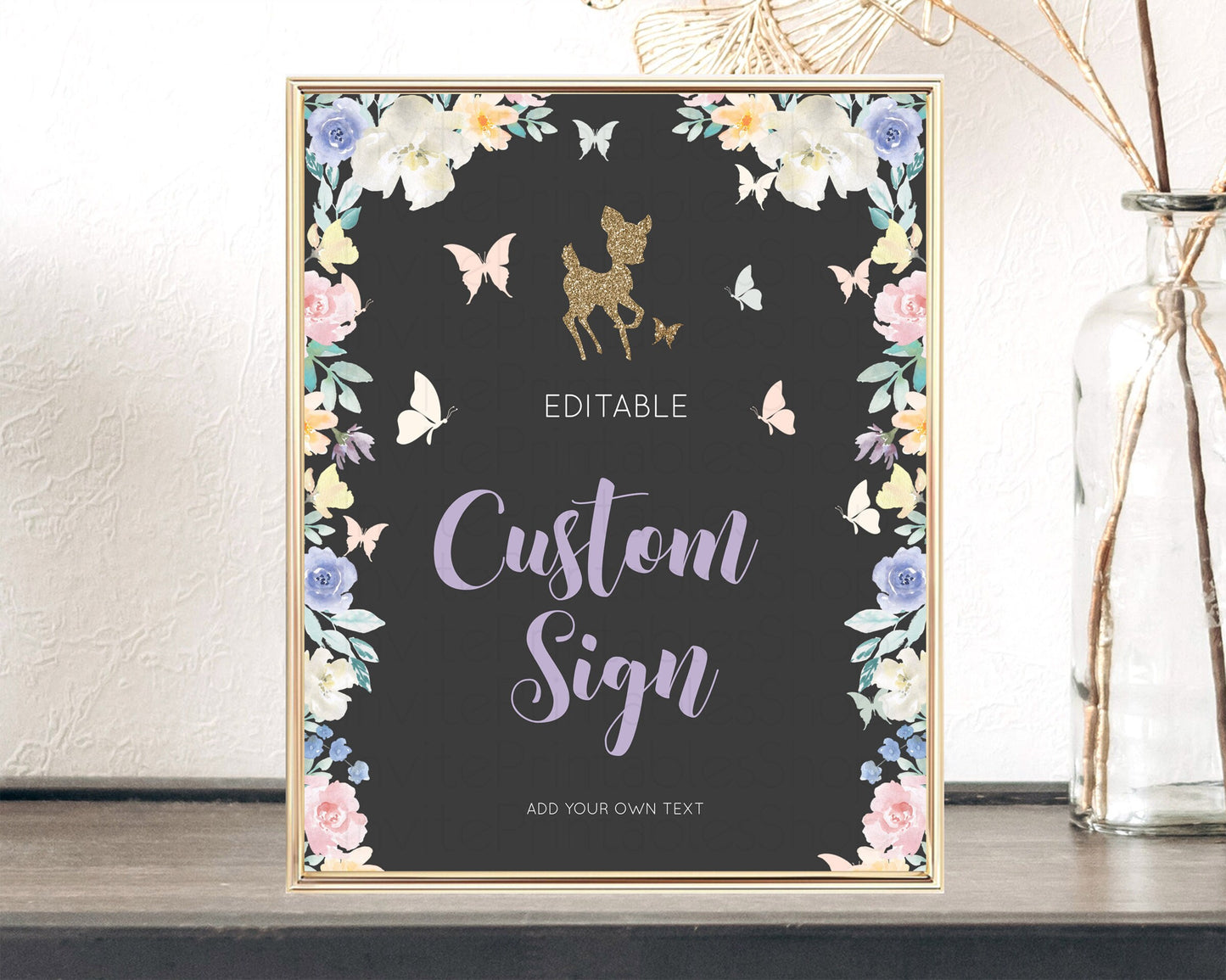 Fawn Deer Sign Pastel Floral Deer Table Sign Decor  Enchanted Forest Butterfly Party 1st Birthday Baptism Baby Shower Bridal Shower D10880