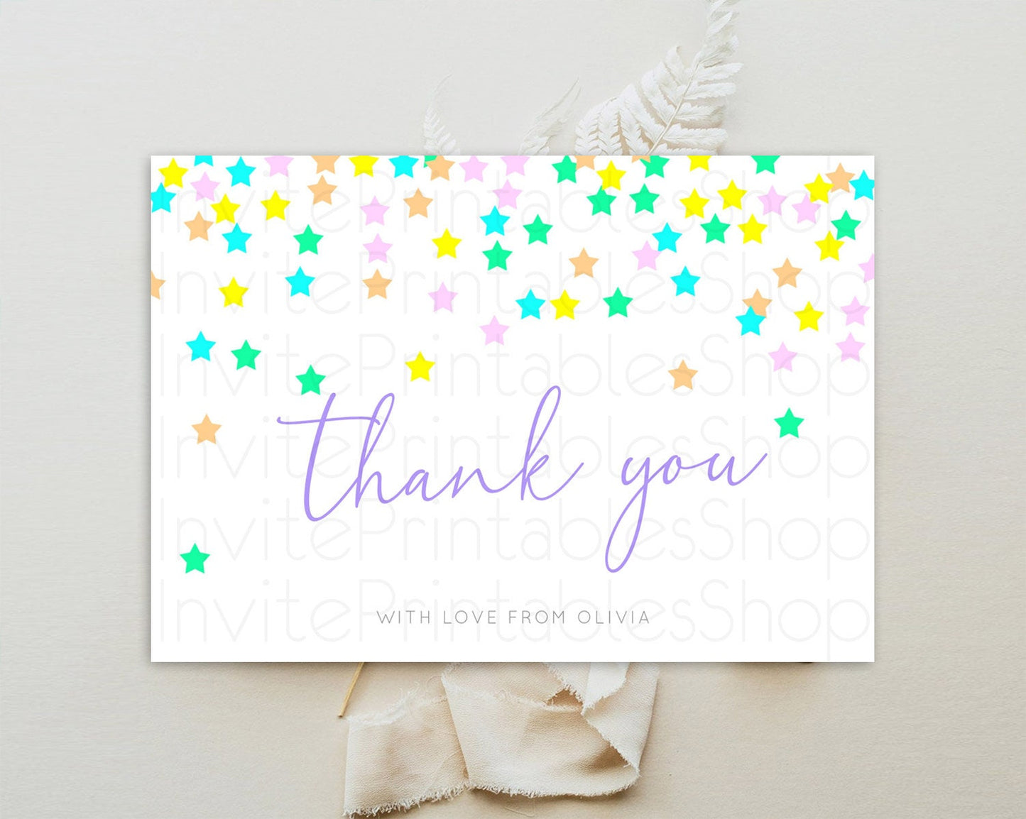 Star Thank You Card Pastel Stars Thank You Shooting Star Rainbow Colorful Confetti Twinkle Little Star Birthday Teacher Thank You D10394