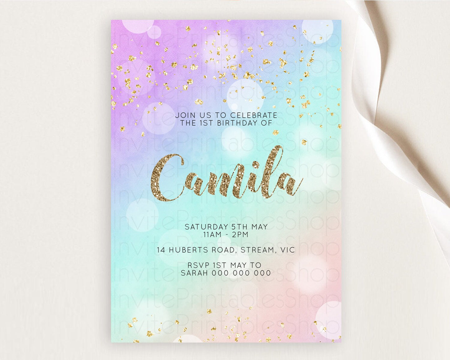 Rainbow Birthday Invitation Colorful Pastel Watercolor Invitation Gold Glitter Sprinkles Ombre Pastel 1st 2nd 3rd Birthday D10621