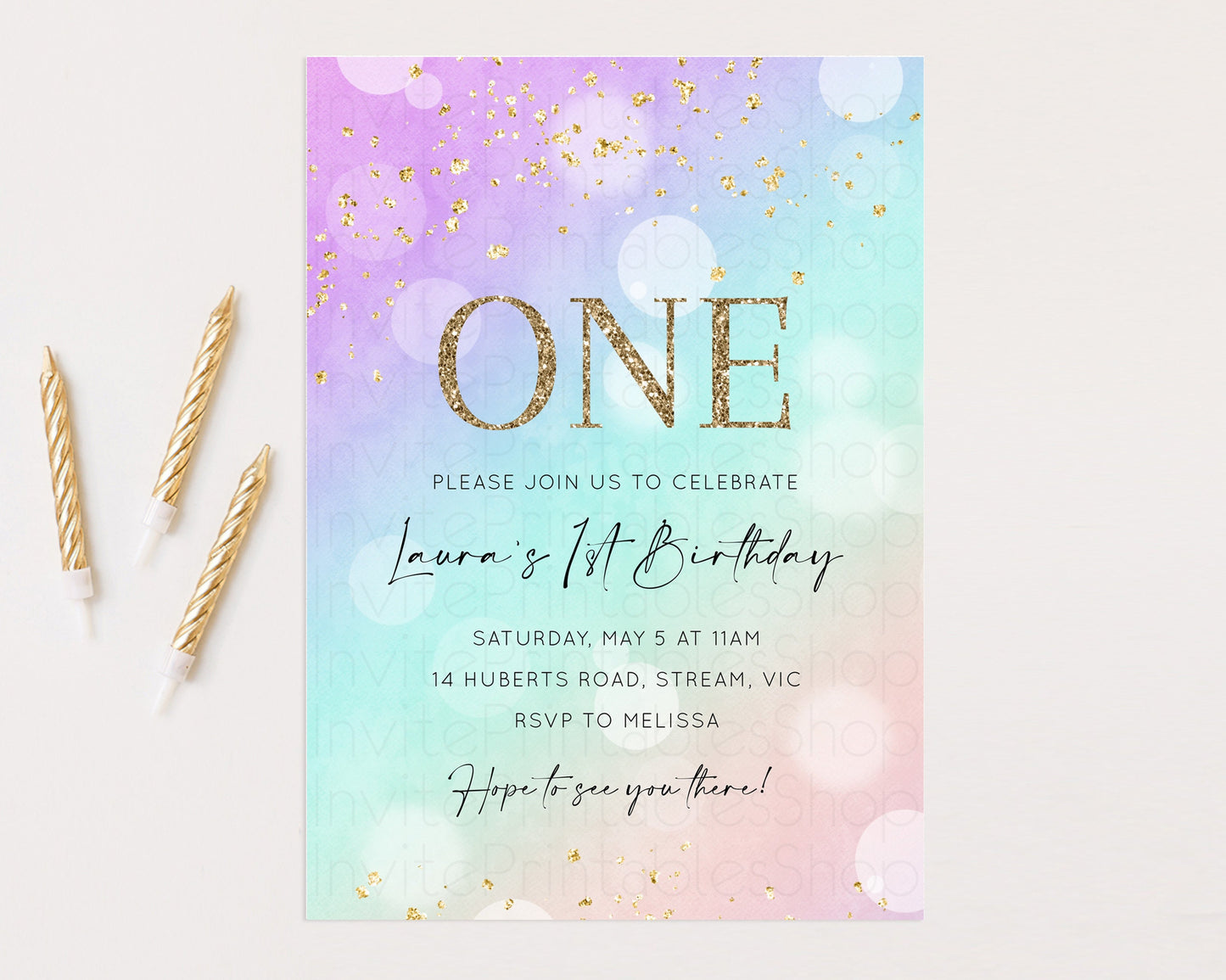 Rainbow Birthday Invitation Pastel Birthday Invite Ombre Watercolor Invite Enchanted Theme Colorful Splash Glitter Sprinkles 1st 2nd 3rd