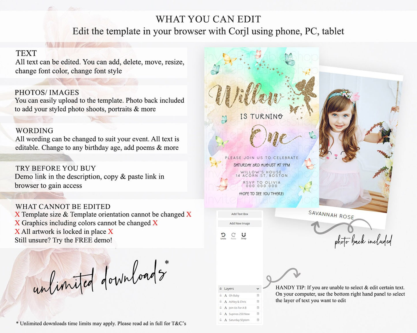 Pastel Fairy Birthday Invitation Pastel Butterflies Fairy Birthday Invitation Rainbow Ombre Watercolor 1st 2nd Birthday Invitation D23353