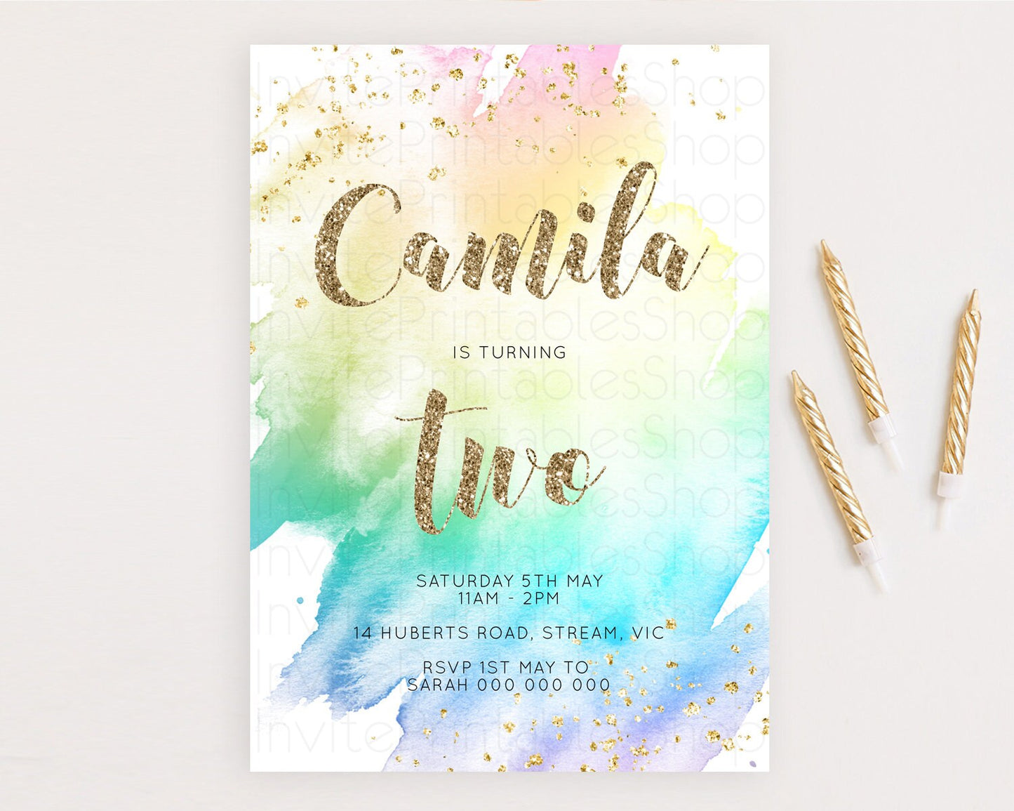 Rainbow Birthday Invitation Colorful Pastel Watercolor Invitation Gold Glitter Sprinkles Ombre Pastel 1st 2nd 3rd Birthday D10259