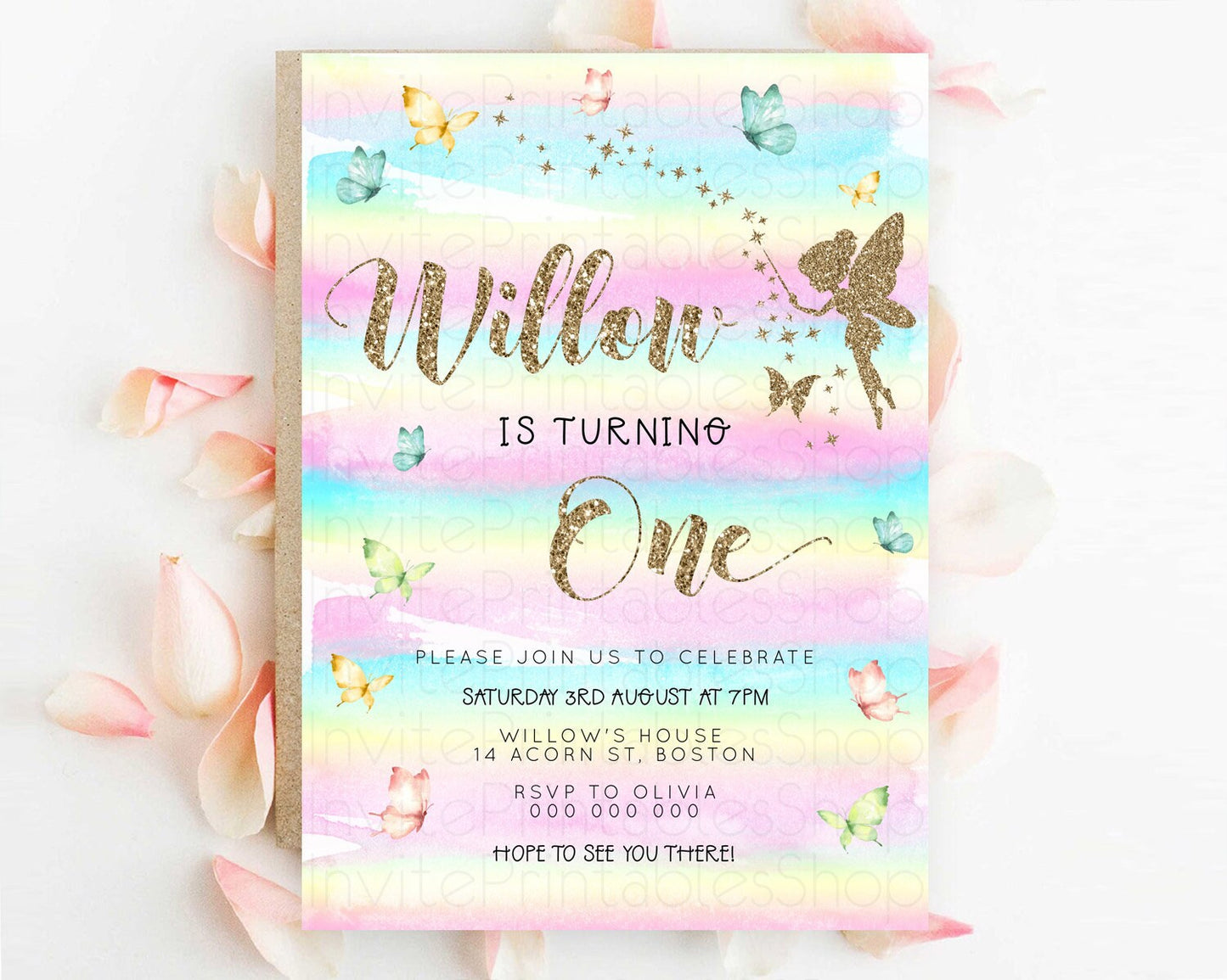 Pastel Fairy Birthday Invitation Pastel Butterflies Fairy Birthday Invitation Rainbow Ombre Watercolor 1st 2nd Birthday Invitation D23312