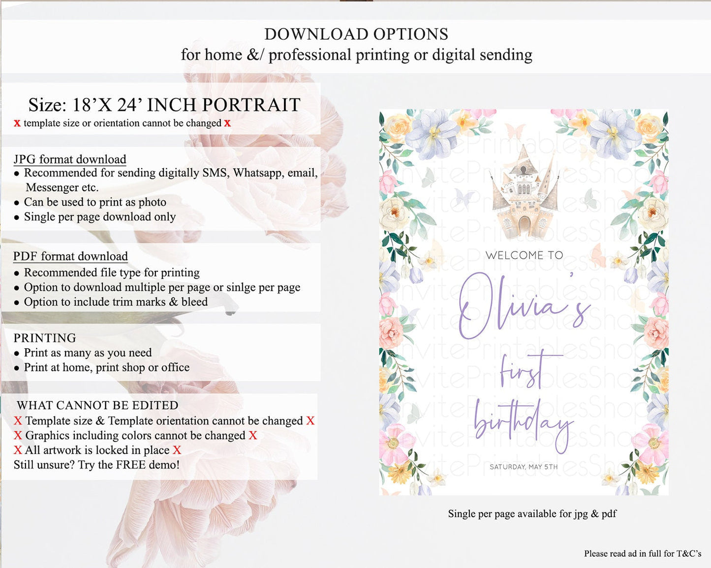 Princess Birthday Welcome Sign Castle Welcome Board Secret Garden Enchanted Castle Pastel Floral Garden First Birthday Welcome Sign D10473