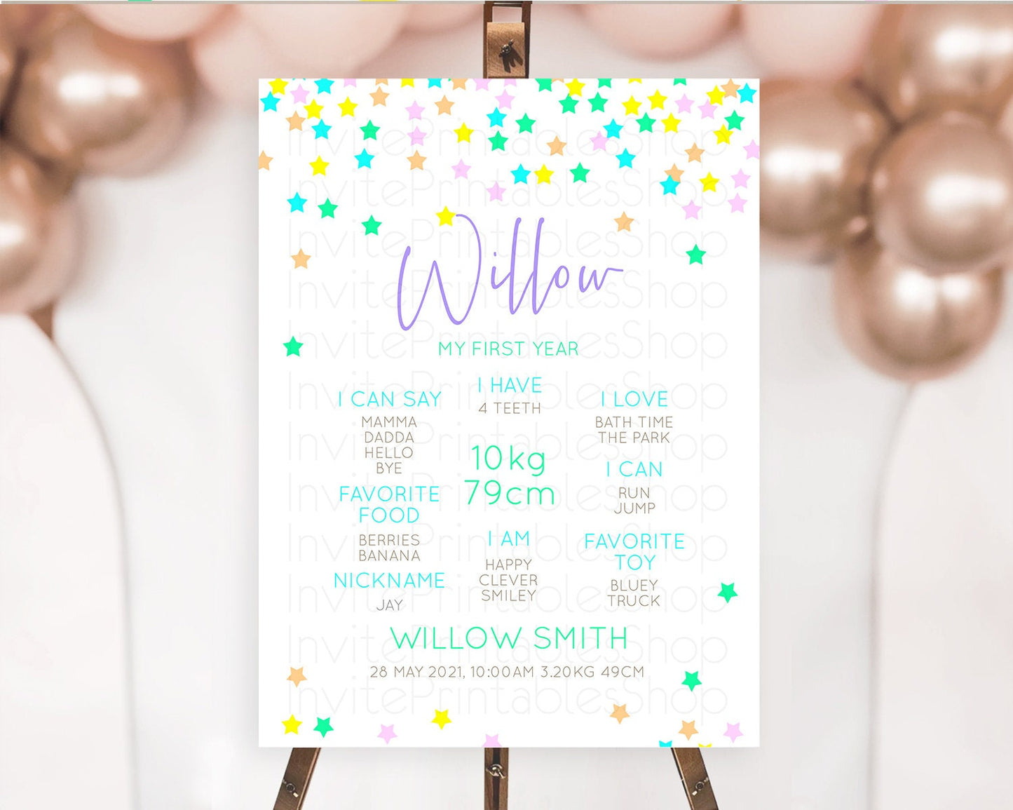 Star First Birthday Milestone Poster Pastel Stars Milestone Shooting Star Rainbow Colorful Confetti Twinkle Little Star 1st Birthday D10397