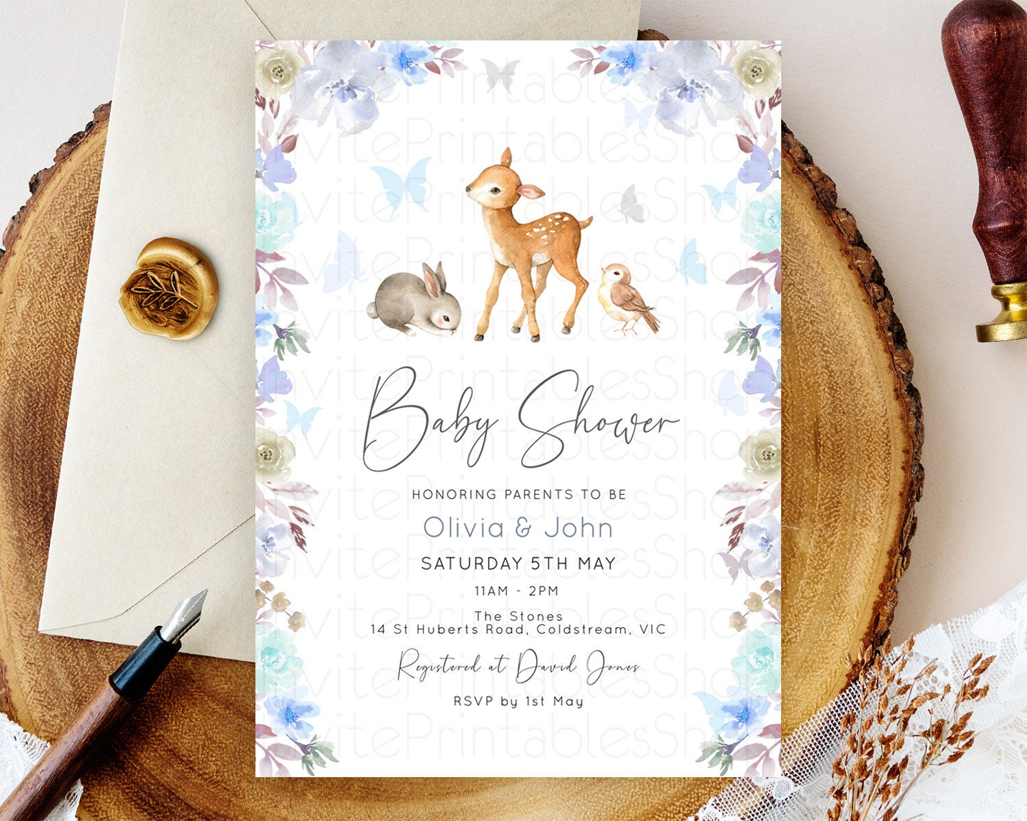 Editable Enchanted Forest Baby Shower Invitation: Fawn, Butterflies, Pastel