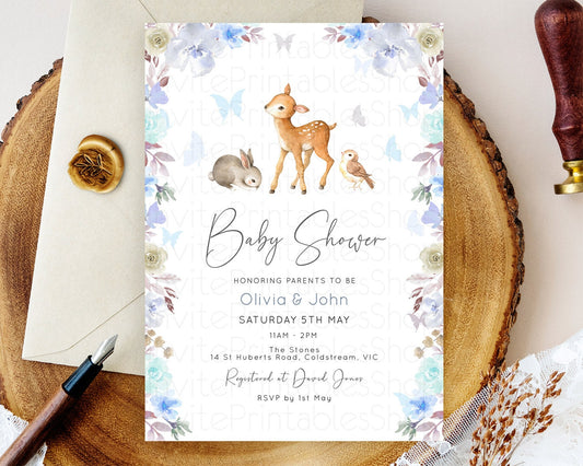 Editable Enchanted Forest Baby Shower Invitation: Fawn, Butterflies, Pastel