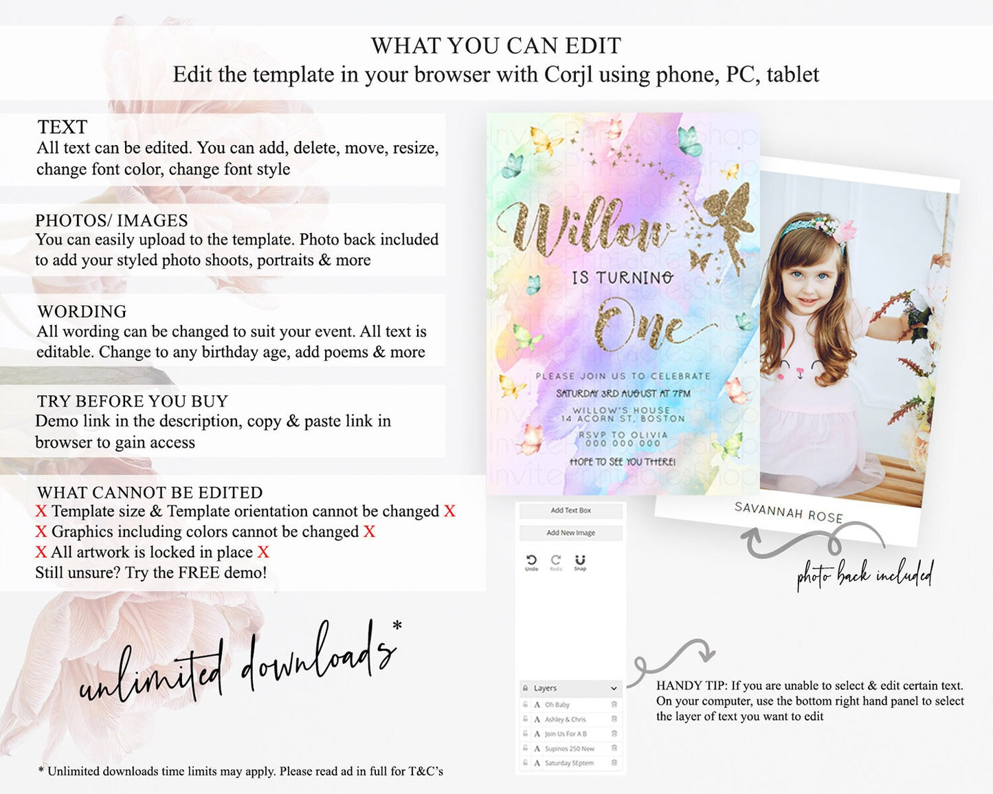 Pastel Fairy Birthday Invitation Pastel Butterflies Fairy Birthday Invitation Rainbow Ombre Watercolor 1st 2nd Birthday Invitation D23342