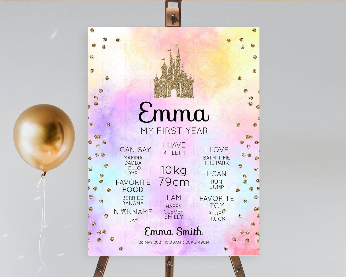 Princess First Birthday Milestone Poster Pastel Princess Milestone Board Pastel Rainbow Colorful Enchanted Castle 1st Birthday Sign D10148