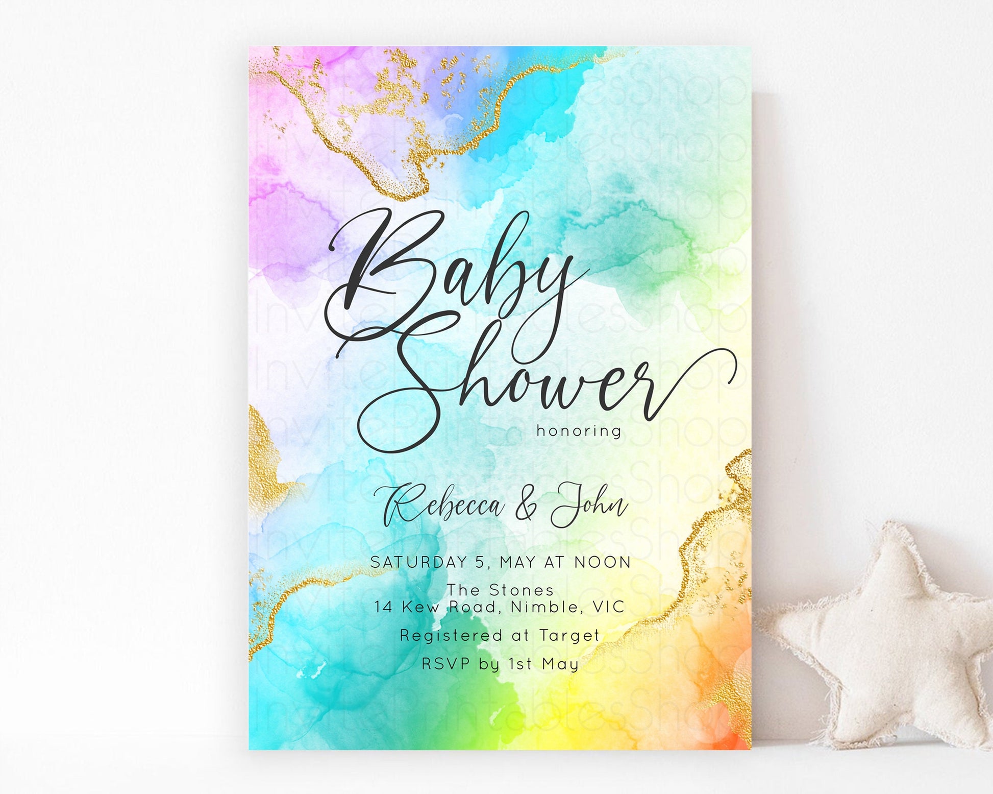 Editable Rainbow Baby Shower Invitation Gold Glitter Splash Ink Pastel Water