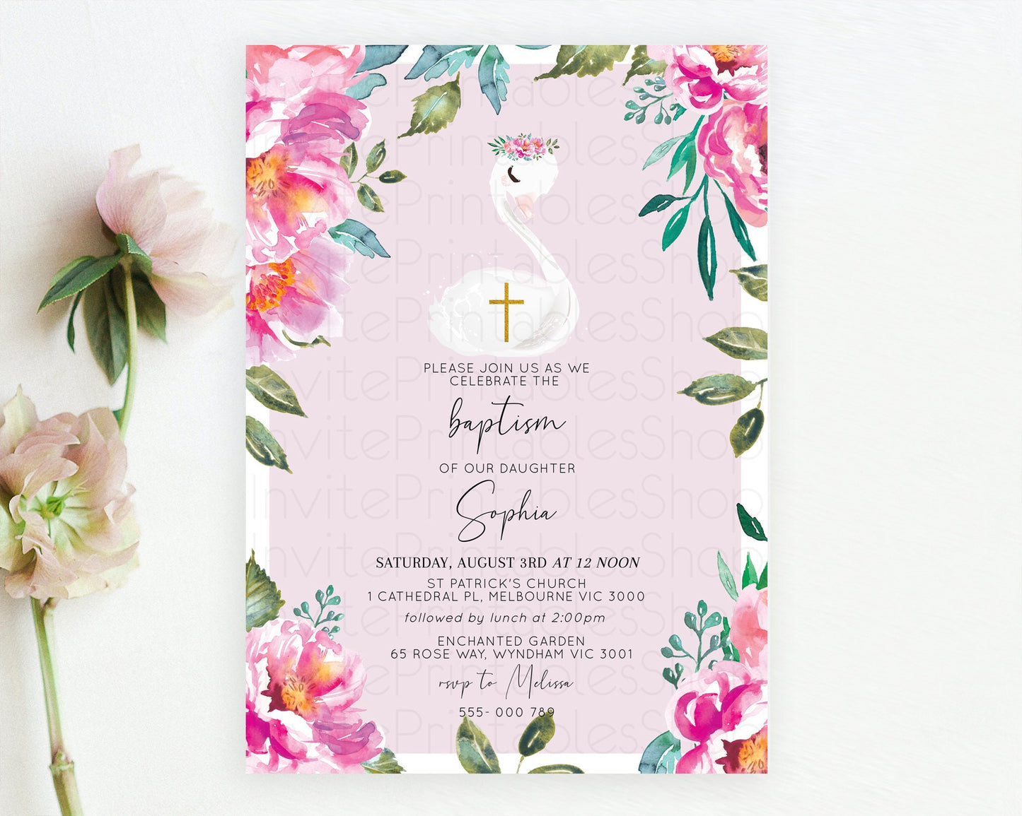 Swan Lake Baptism Invitation Swan Princess Ballet Baptism 1st Birthday Enchanted Forest Secret Garden Watercolour Pastel Floral D10757