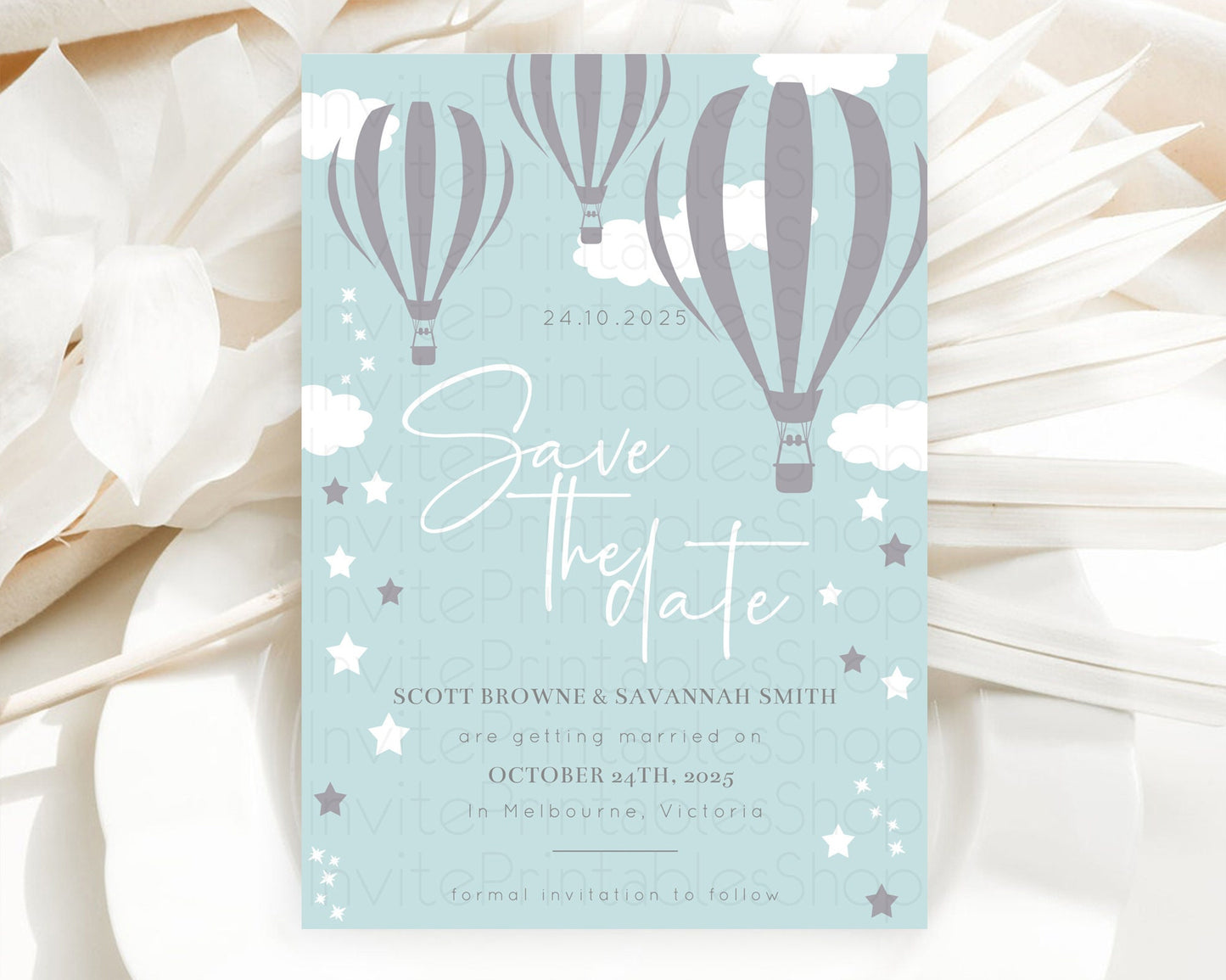 Hot Air Balloon Save The Date Template Adventure Awaits Mr. ONEderful Party 1st Birthday Baptism Baby Shower D10324