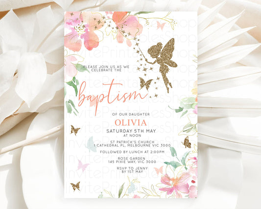 Fairy Baptism Invitation Fairy Baptism 1st Birthday Invitation Enchanted Secret Garden Christening Invite Pastel Floral Butterfly D10934