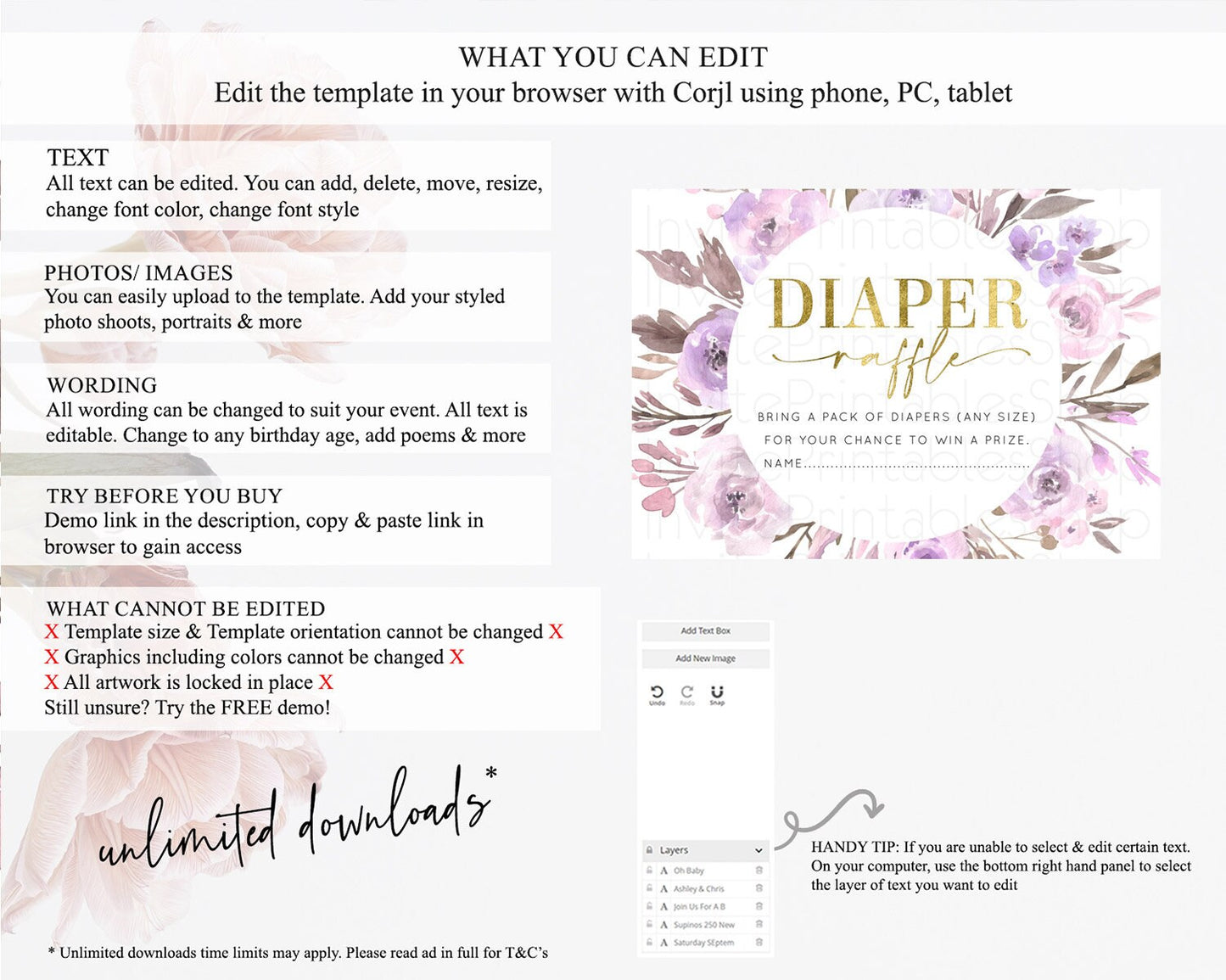 Secret Garden Diaper Raffle Card Boho Wildflower Diaper Raffle Insert Pastel Flower Garden Baby Shower Card Flower Raffle Game D10201