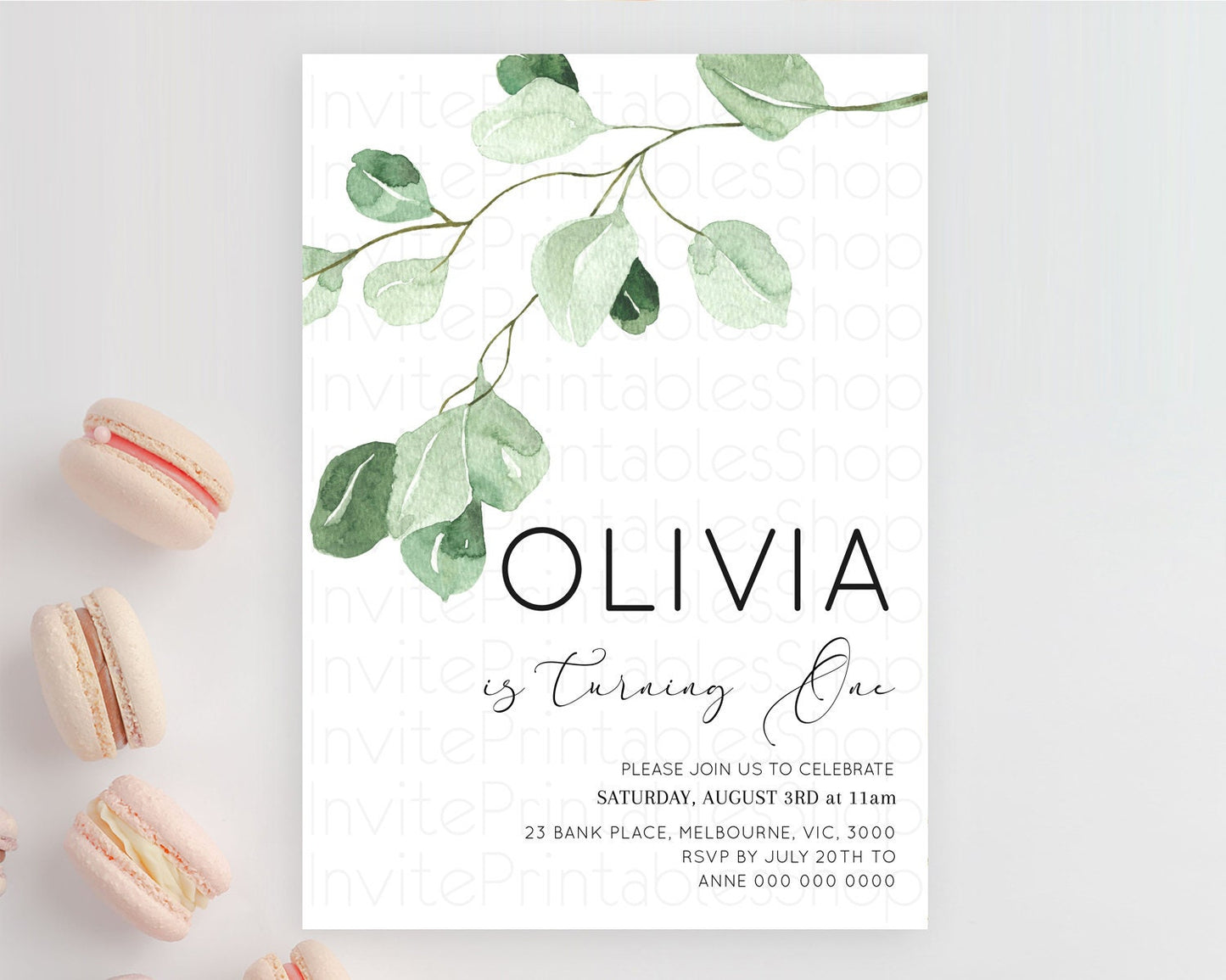 Leafy Birthday Invitation Leafy Invitation Simple Greenery Invitation Eucalyptus Fern Spray Leaves Minimal Green Leaf Watercolour D11054