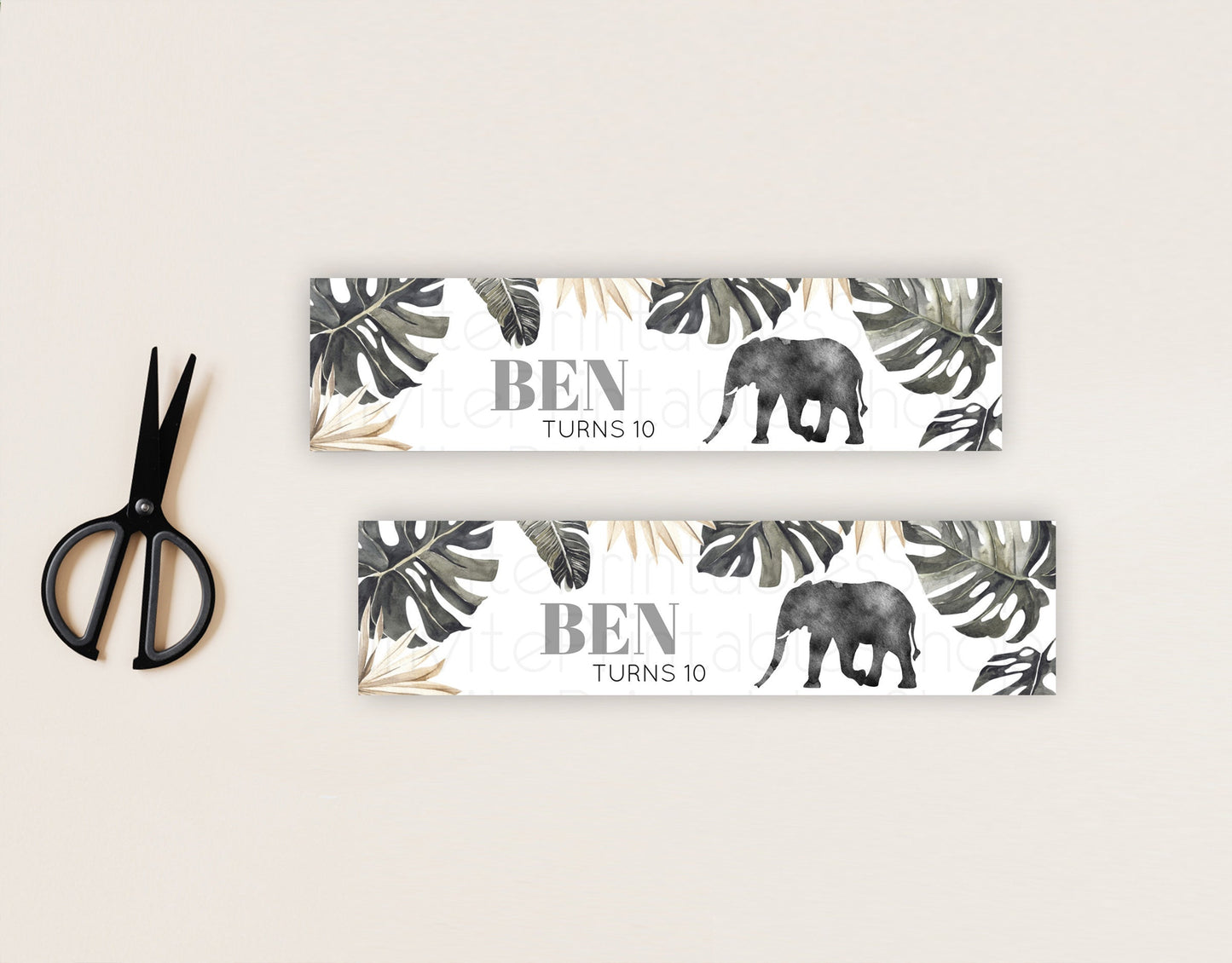 Elephant Water Label Template Elephant Safari Adventure Party Decor Dried Palm Fern Zoo Birthday Baptism Baby Shower Bridal Shower D10803