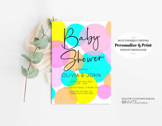 Pastel Baby Shower Invitation Colorful Rainbow Invitation Bubbles Confetti Sprinkles Oh Baby Gender Reveal Neutral Blue Pink Yellow Green